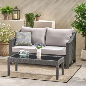 Outdoor Wicker Loveseat & Table w/Water Resistant Fabric Cushions - NH198992 outdoor furniture, garden bench