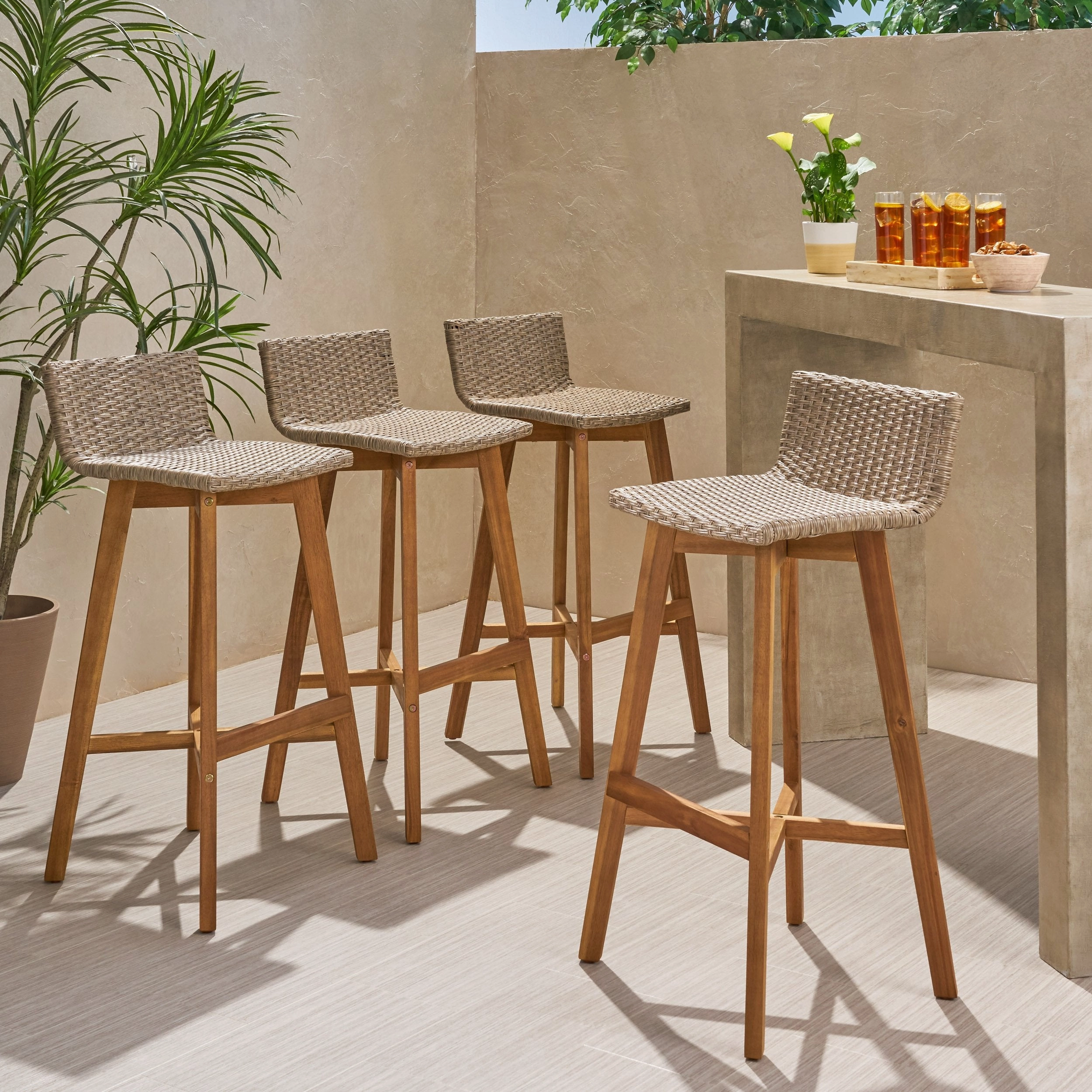 Outdoor Wood & Wicker Barstools (Set of 4) - NH360013