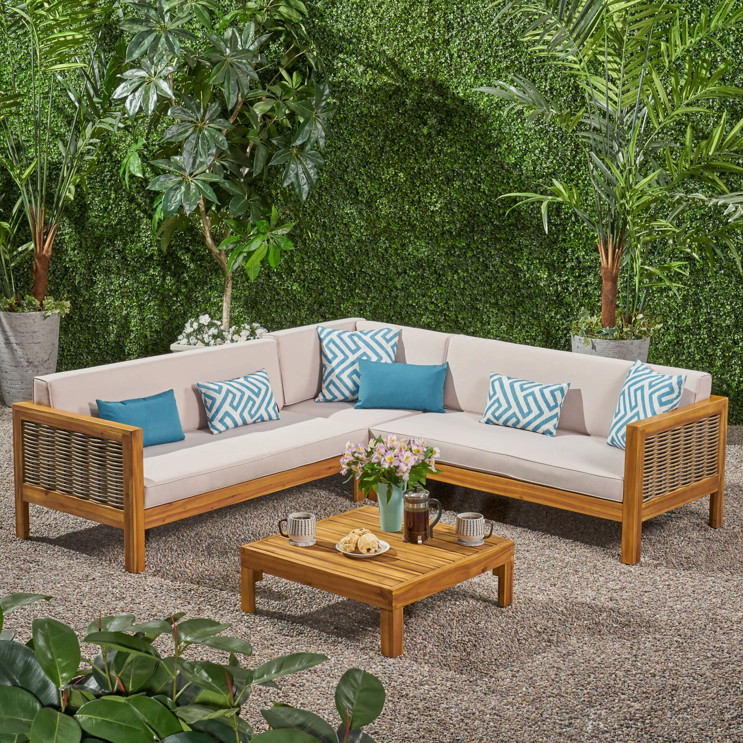 Outdoor Wood and Wicker 5 Seater Sectional Sofa and Coffee Table Set - NH325903 outdoor furniture, garden bench