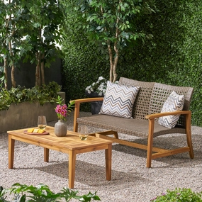 Outdoor Wood and Wicker Loveseat and Coffee Table Set - NH931803 outdoor furniture, garden bench