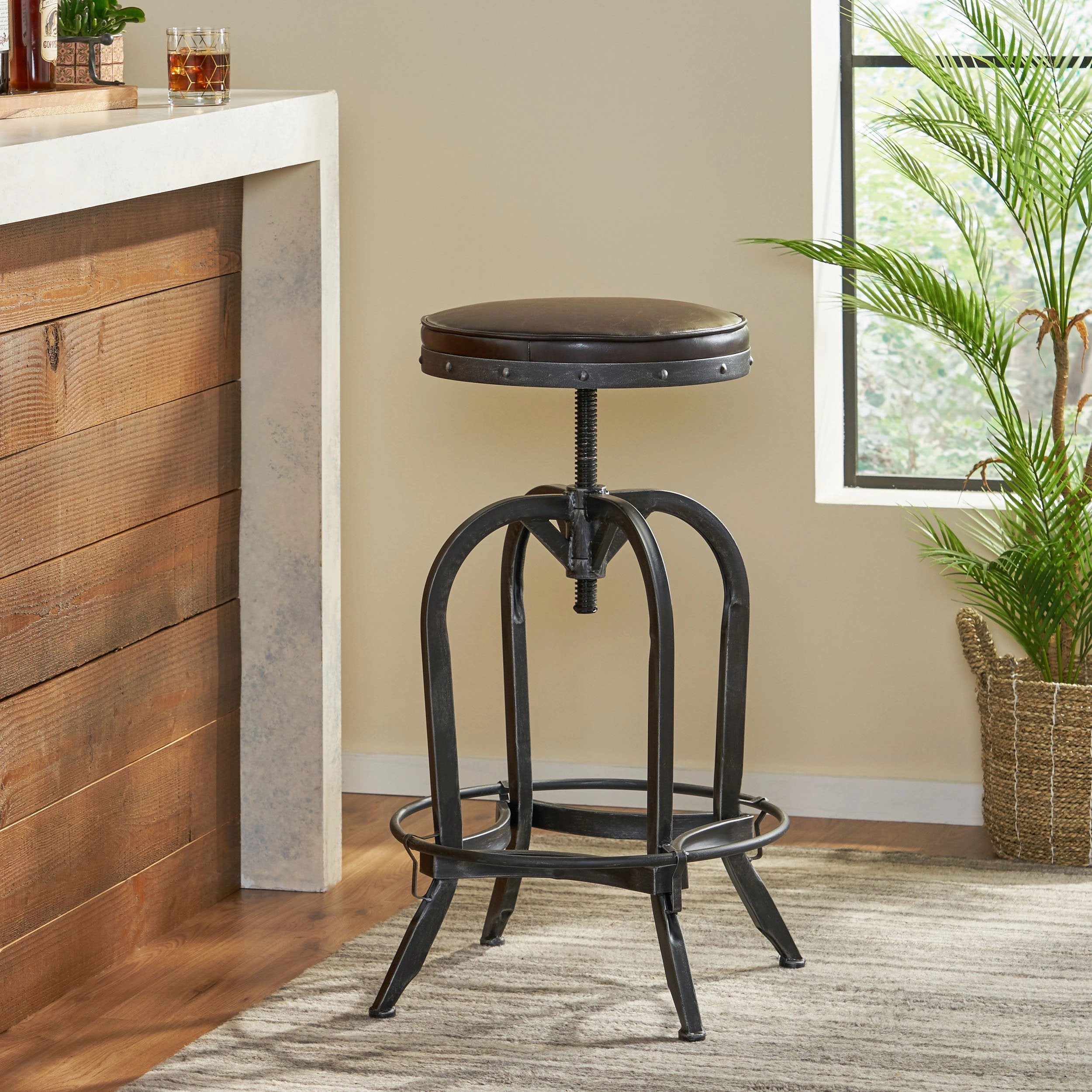 Padded Brown Leather Iron Adjustable Swivel Bar Stool - NH519832 kitchen accessories, table linens