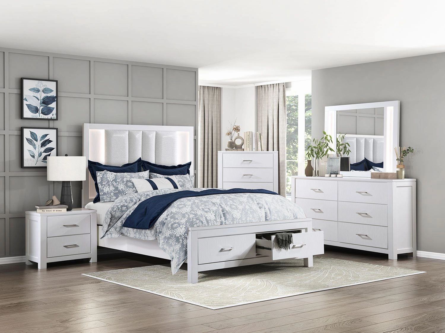 Paris 3-Piece Queen Storage Bed with LED Lighting - White, Silver