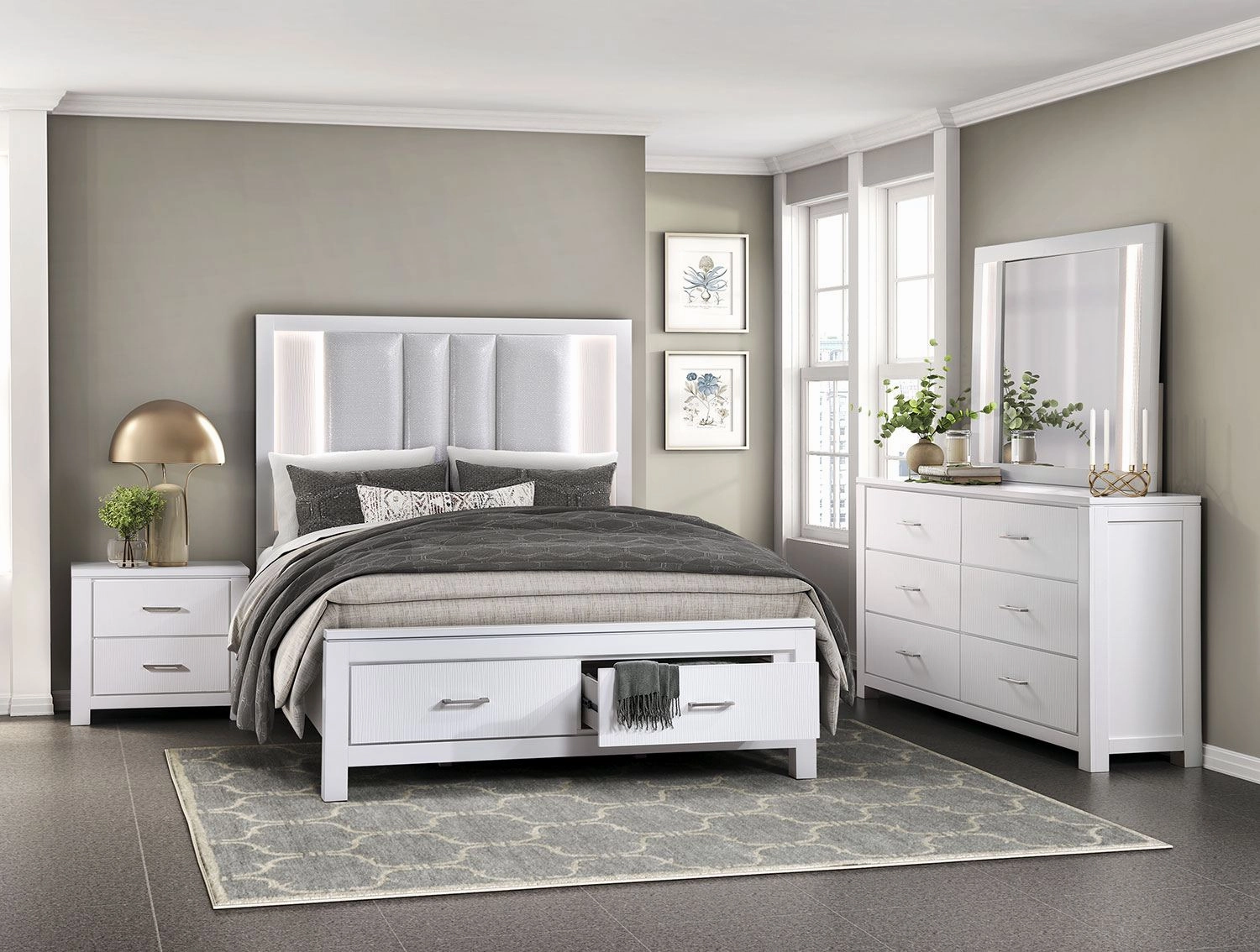 Paris 6-Piece King Storage Bedroom Package - White, Silver