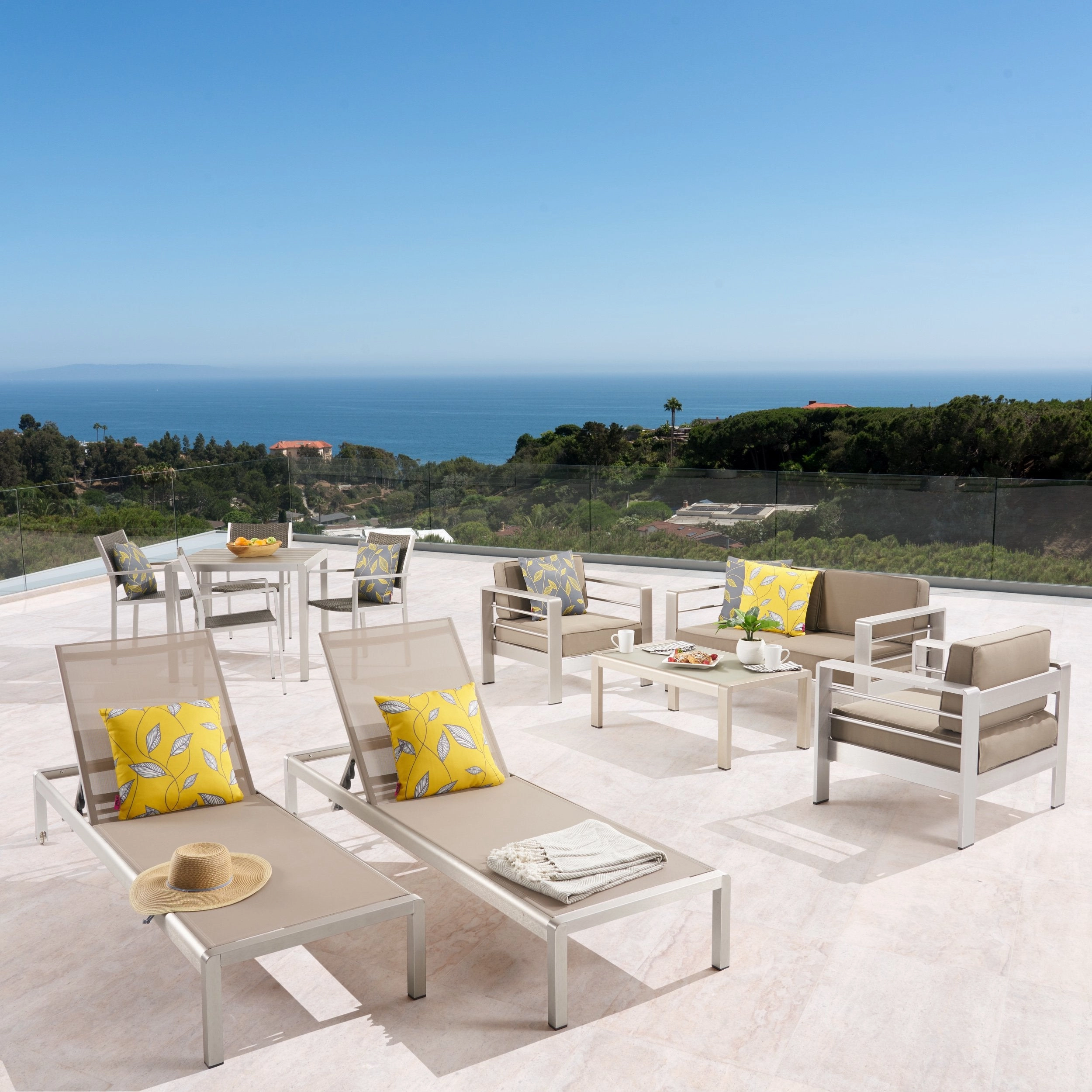 Patio Collection - 4-Seat Dining Set, 3-Piece Conversation Set, 2 Chaise Lounges, Coffee Table - Aluminum - Faux Wood Table Top - Silver, Gray, Khaki - NH320703 outdoor furniture, garden bench