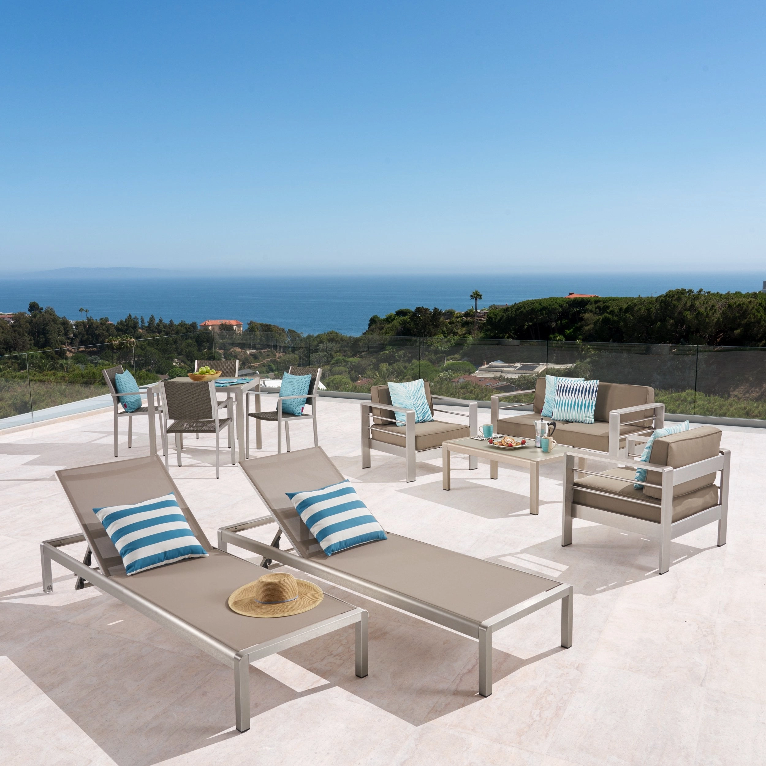 Patio Collection - 4-Seat Dining Set, 3-Piece Conversation Set, 2 Chaise Lounges, Coffee Table - Aluminum - Glass Table Top - Silver, Gray, Khaki - NH810703 outdoor furniture, garden bench