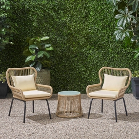 Patio Conversation Set, 2-Seater with Accent Table, Iron and Rope with Water-Resistant Cushions - NH545703 outdoor furniture, garden bench