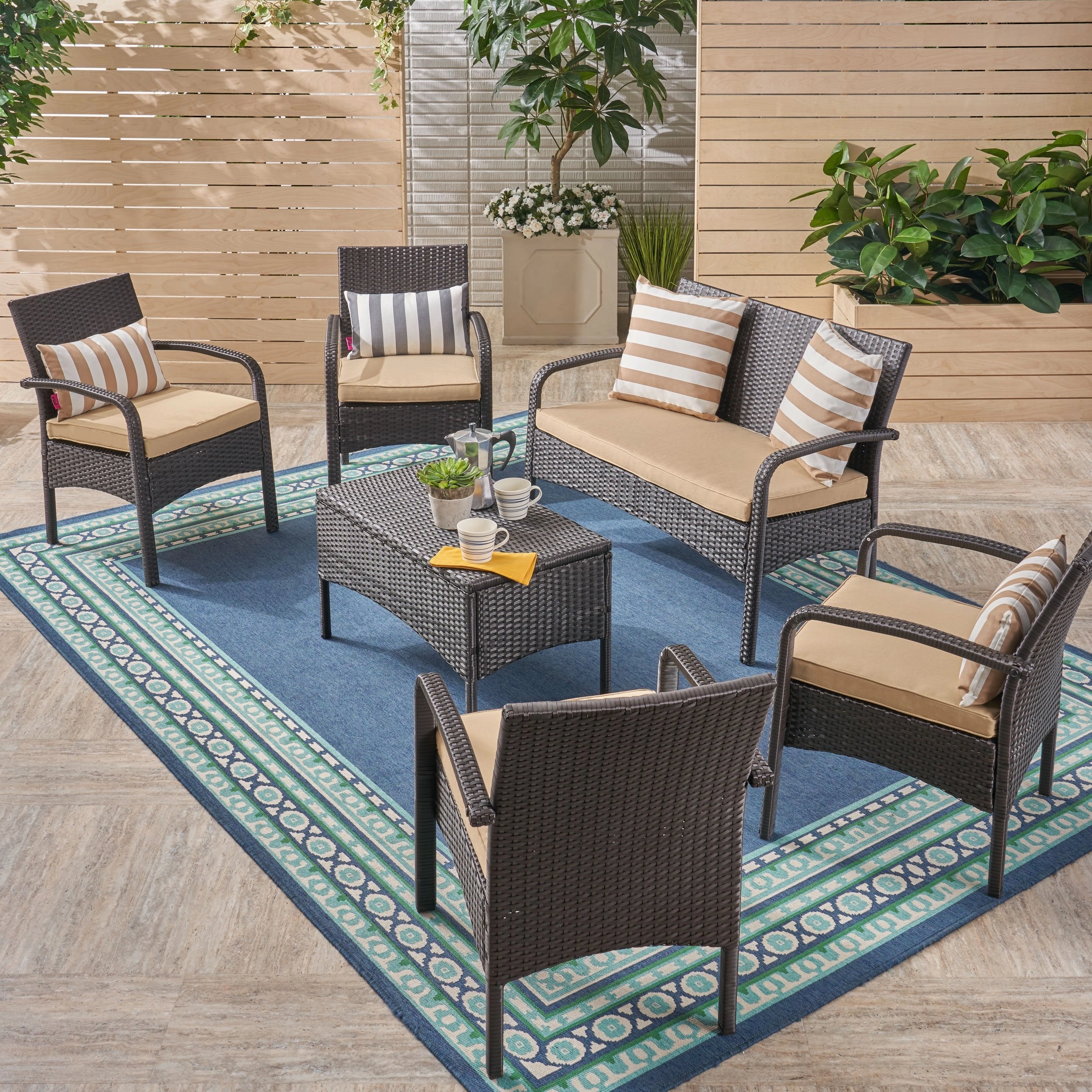 Patio Conversation Set, 6-Seater with Loveseat, Club Chairs, and Coffee Table, Brown Wicker with Tan Outdoor Cushions - NH842703 outdoor furniture, garden bench