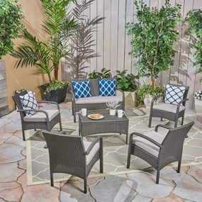 Patio Conversation Set, 6-Seater with Loveseat, Club Chairs, and Coffee Table, Gray Wicker with Light Gray Outdoor Cushions - NH252703 outdoor furniture, garden bench