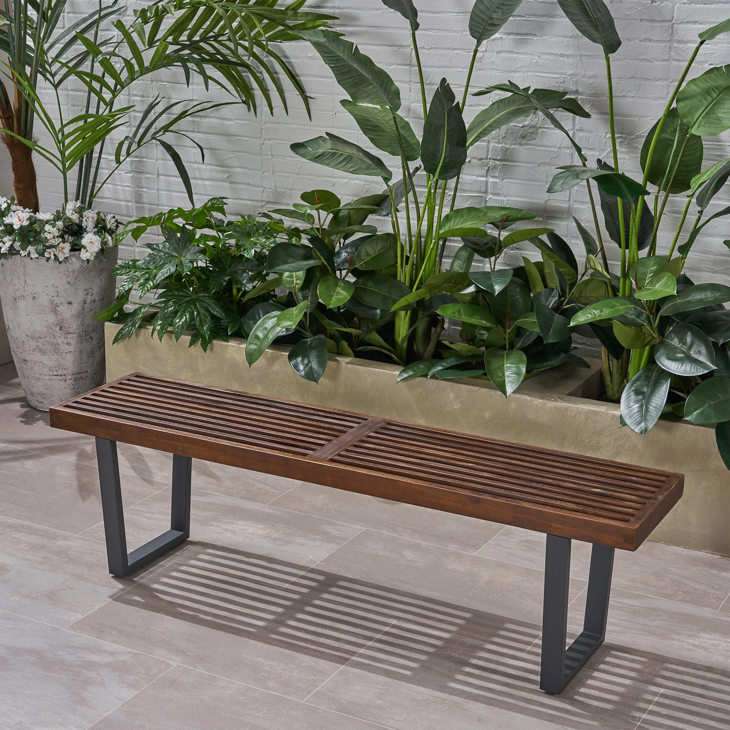 Patio Dining Bench, Acacia Wood with Iron Legs, Modern, Contemporary - NH195703 outdoor furniture, garden bench