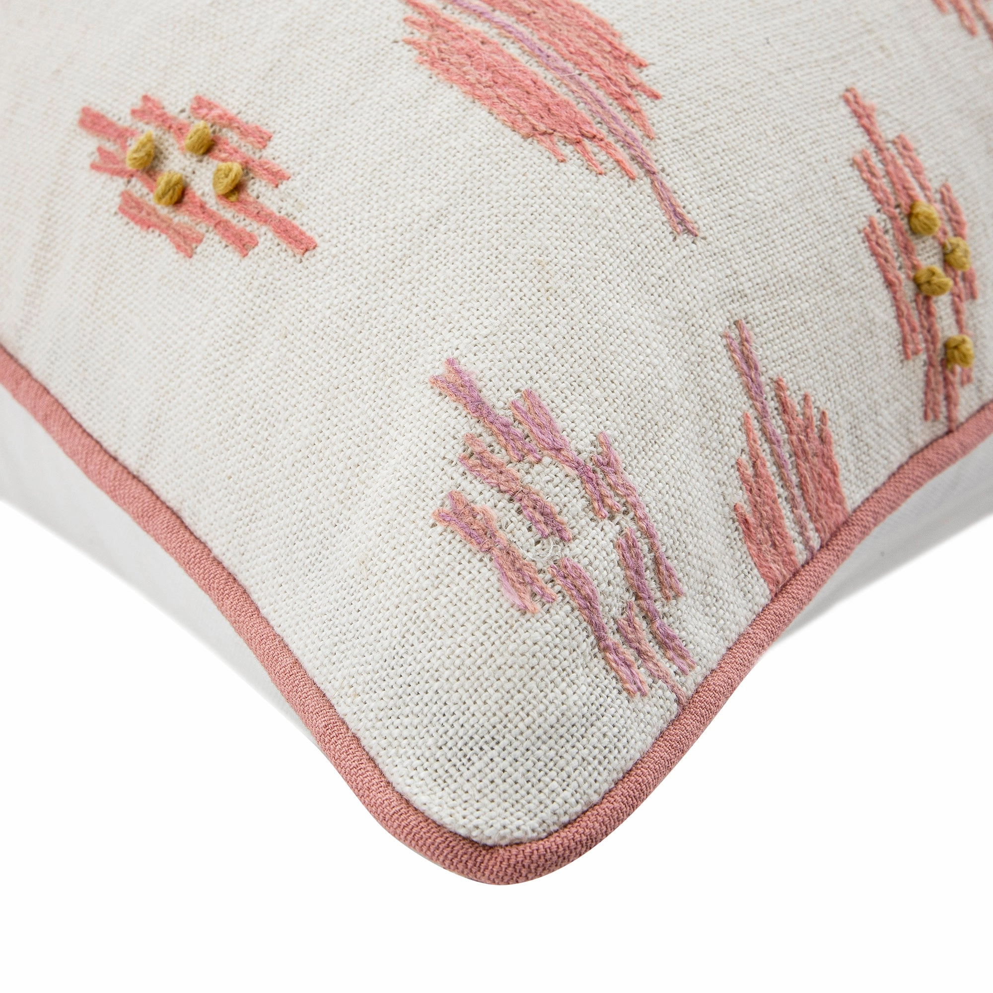 Patola Ikat Pink and Yellow French Knot Linen Cushion