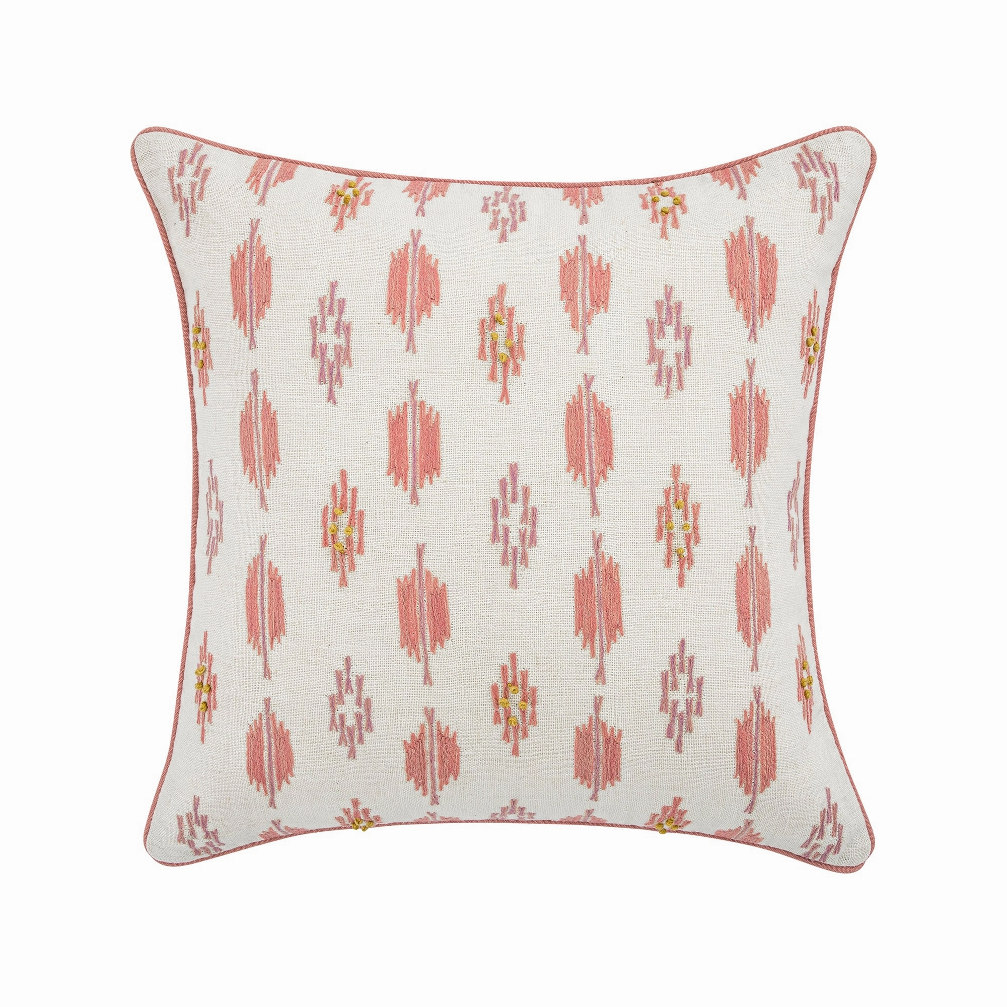 Patola Ikat Pink and Yellow French Knot Linen Cushion