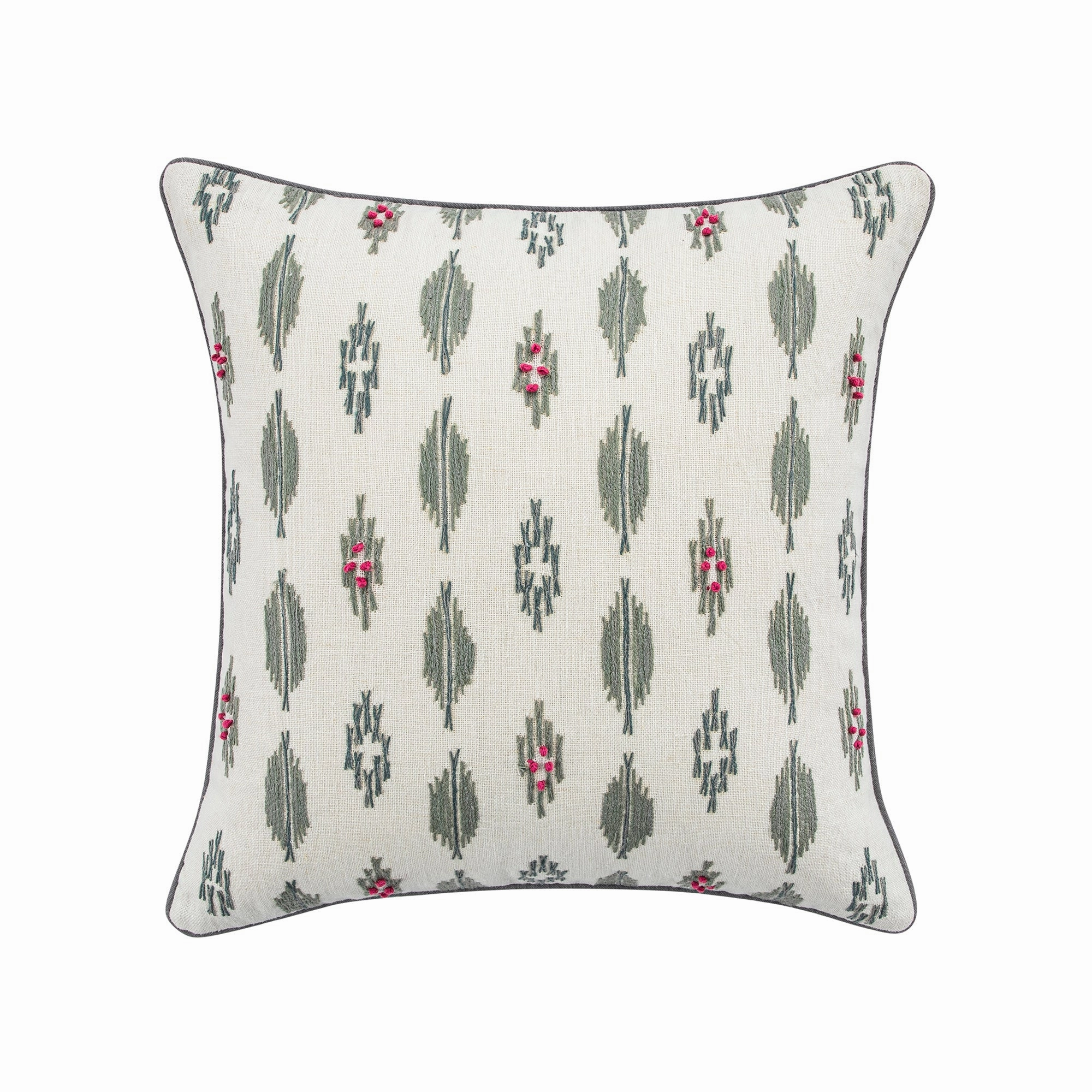 Patola Ikat Slate Blue and Pink French Knot Linen Cushion