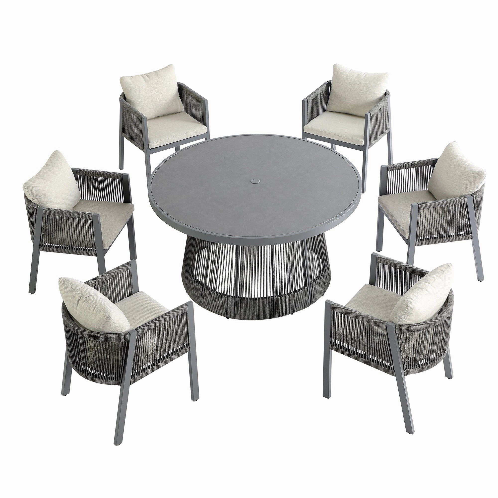 Pedra Rope and Aluminium Outdoor 6-Seater Round Dining Set, Grey