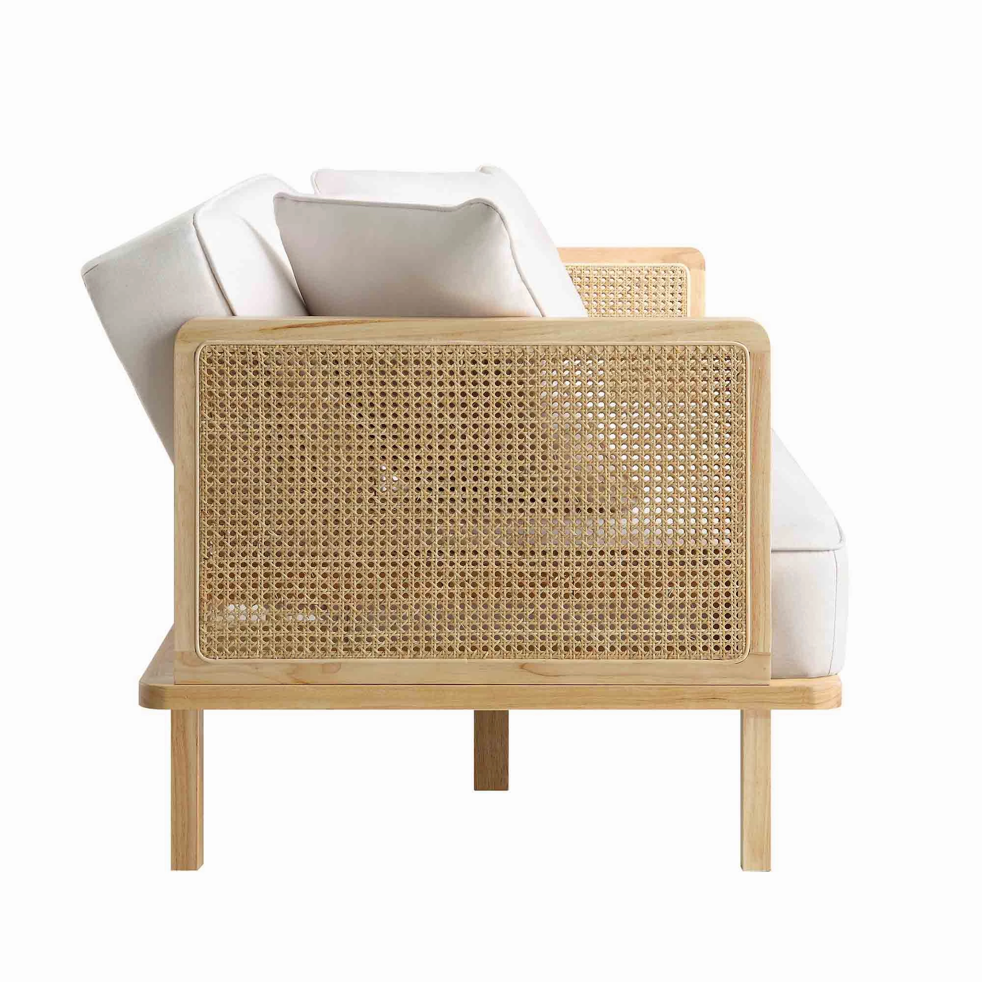 Pienza Cane Sofa Bed, Beige Woven Fabric with Natural Solid Oak Frame