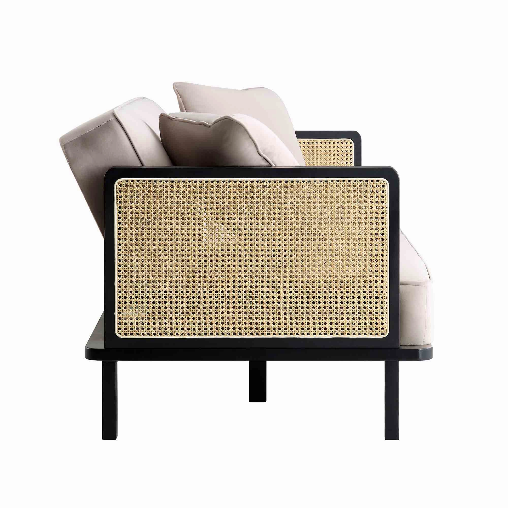 Pienza Cane Sofa Bed, Taupe Velvet with Black Solid Wood Frame