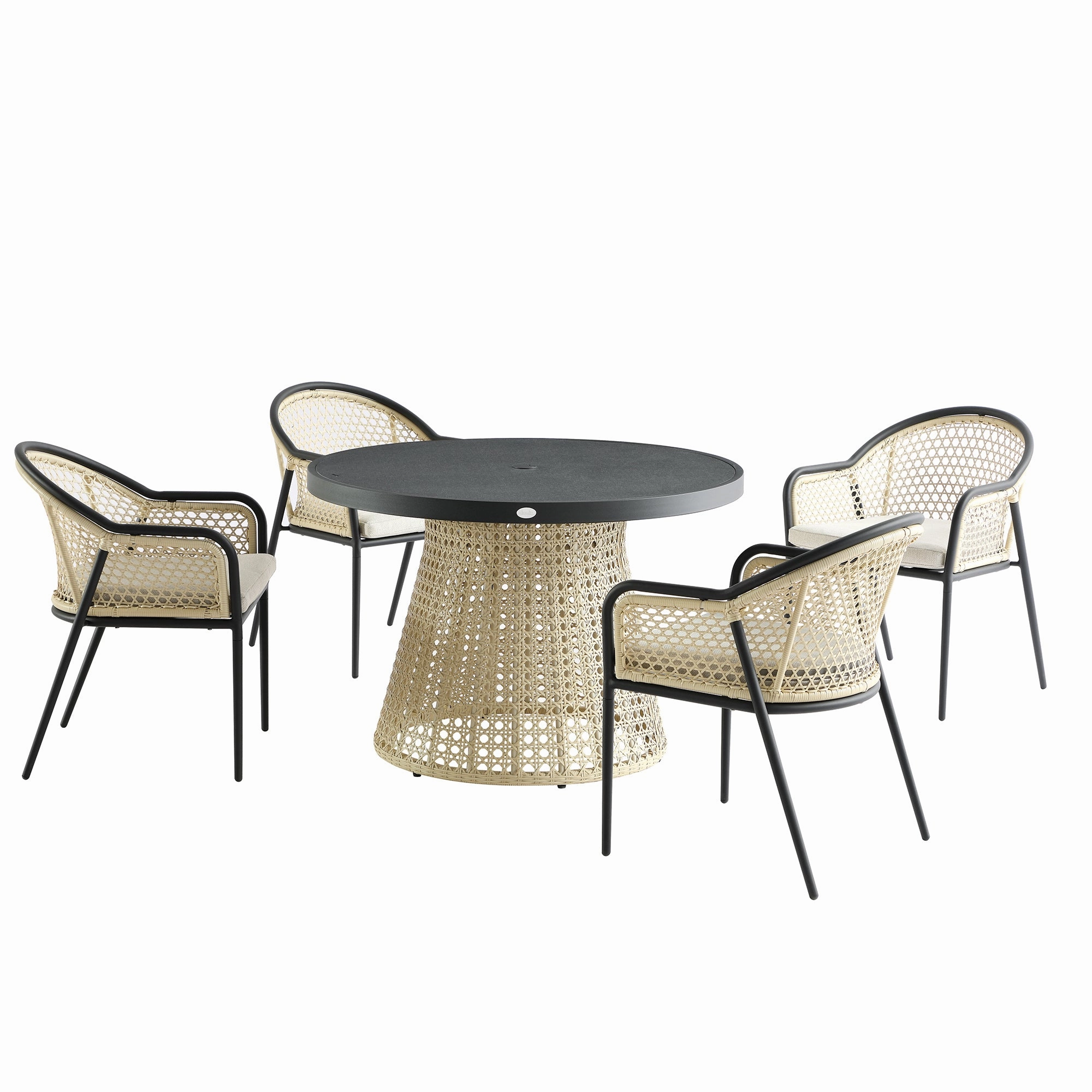 Pienza Outdoor Rattan 4-Seater Round Dining Set, Oatmeal Fabric with Black Frame