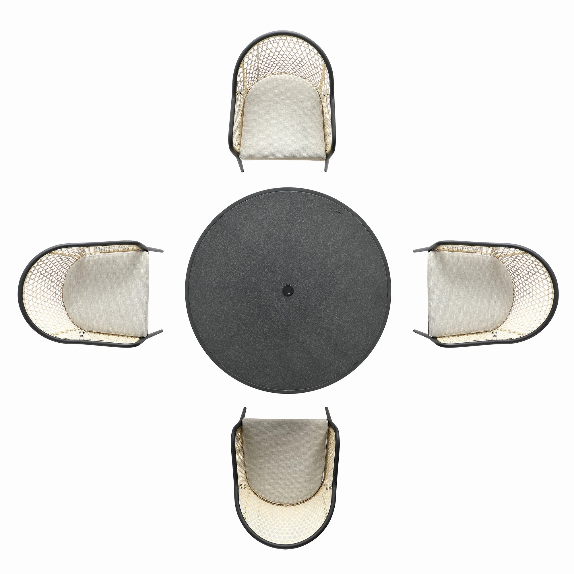 Pienza Outdoor Rattan 4-Seater Round Dining Set, Oatmeal Fabric with Black Frame
