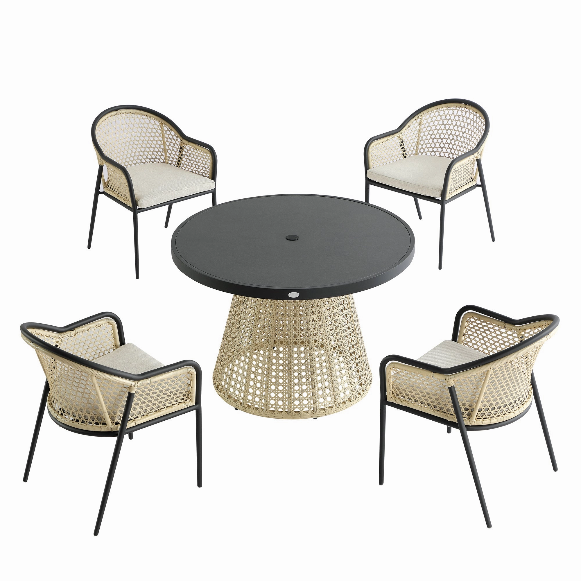 Pienza Outdoor Rattan 4-Seater Round Dining Set, Oatmeal Fabric with Black Frame