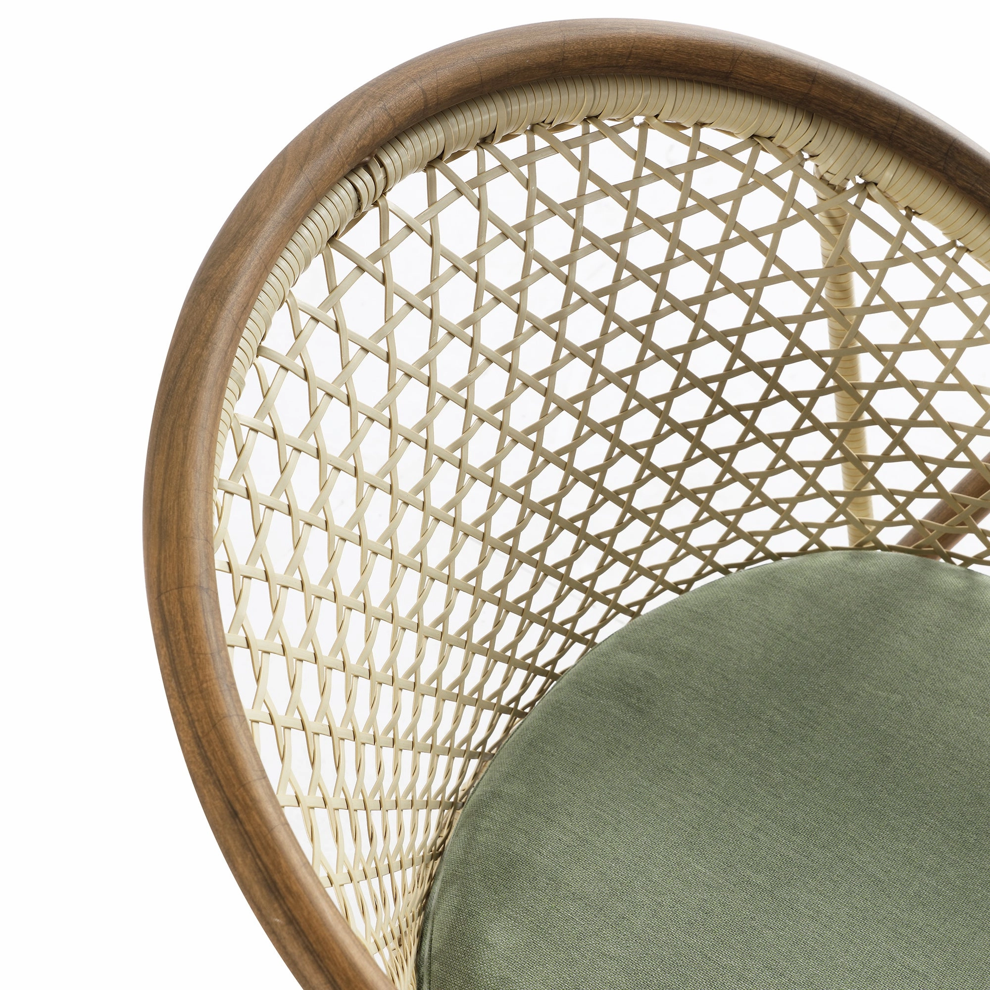 Pienza Outdoor Rattan 4-Seater Round Dining Set, Sage Green Fabric with Light Walnut Frame