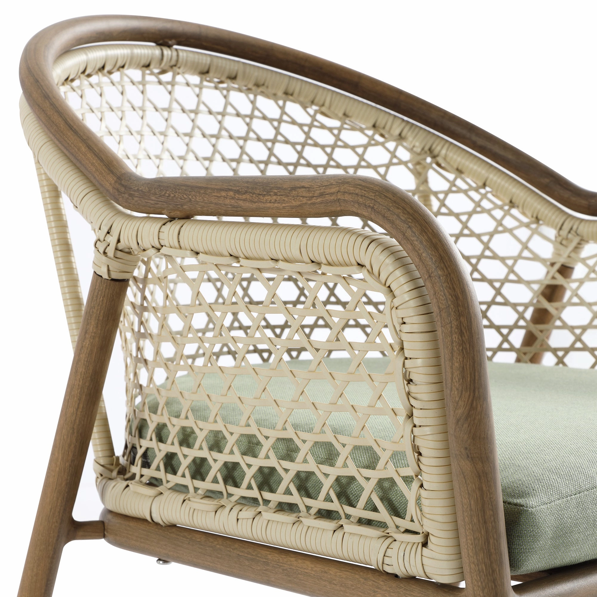 Pienza Outdoor Rattan 4-Seater Round Dining Set, Sage Green Fabric with Light Walnut Frame