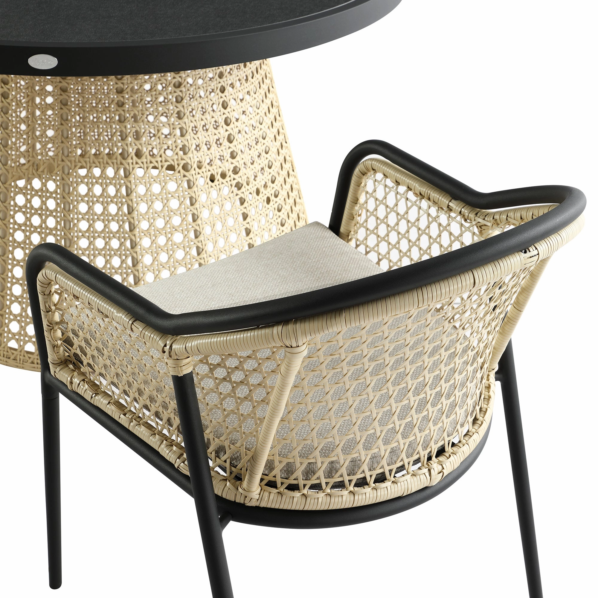 Pienza Outdoor Rattan 6-Seater Round Dining Set, Oatmeal Fabric with Black Frame