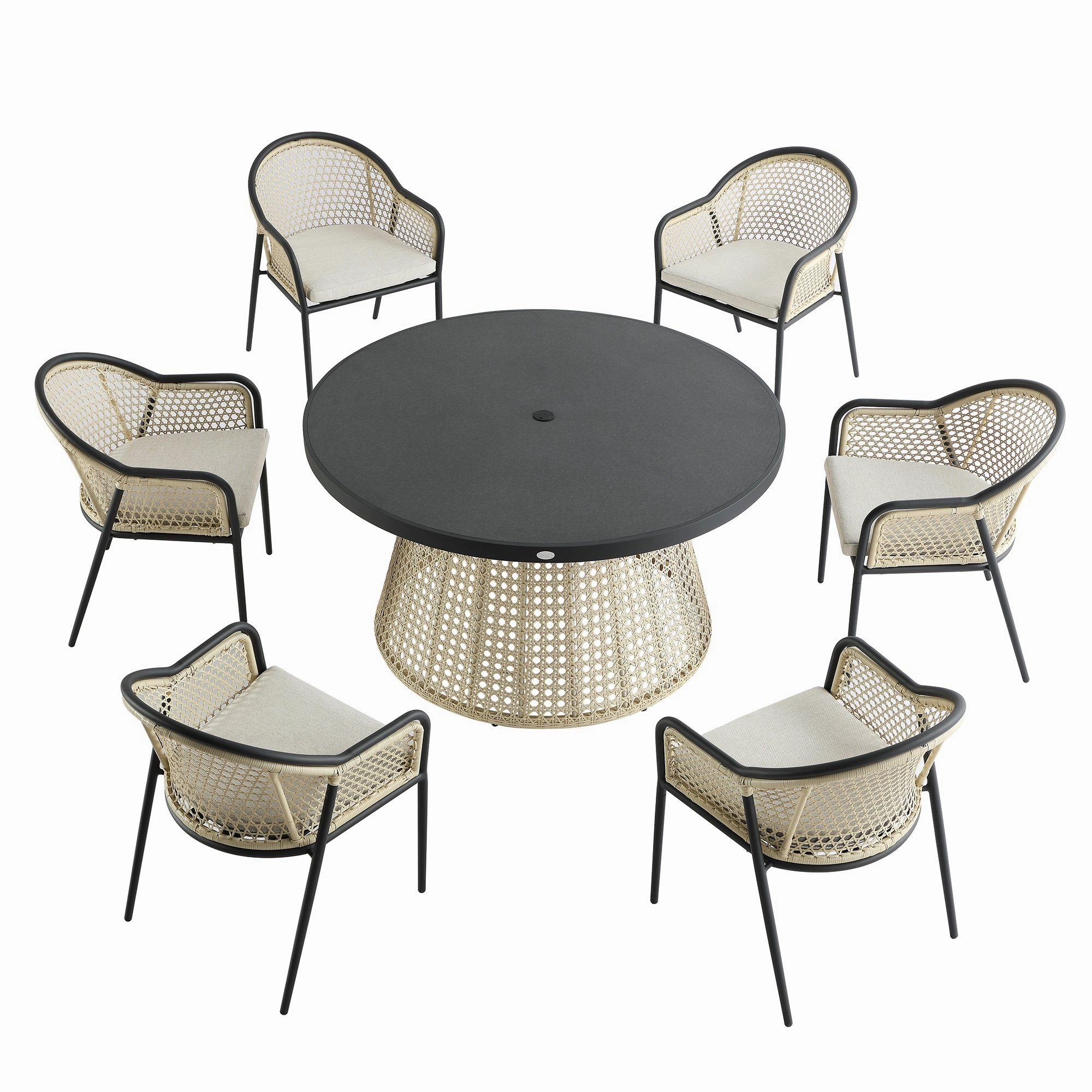 Pienza Outdoor Rattan 6-Seater Round Dining Set, Oatmeal Fabric with Black Frame