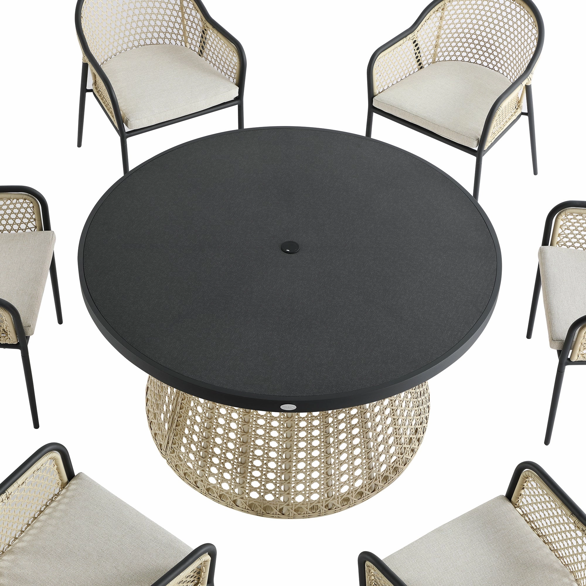 Pienza Outdoor Rattan 6-Seater Round Dining Set, Oatmeal Fabric with Black Frame