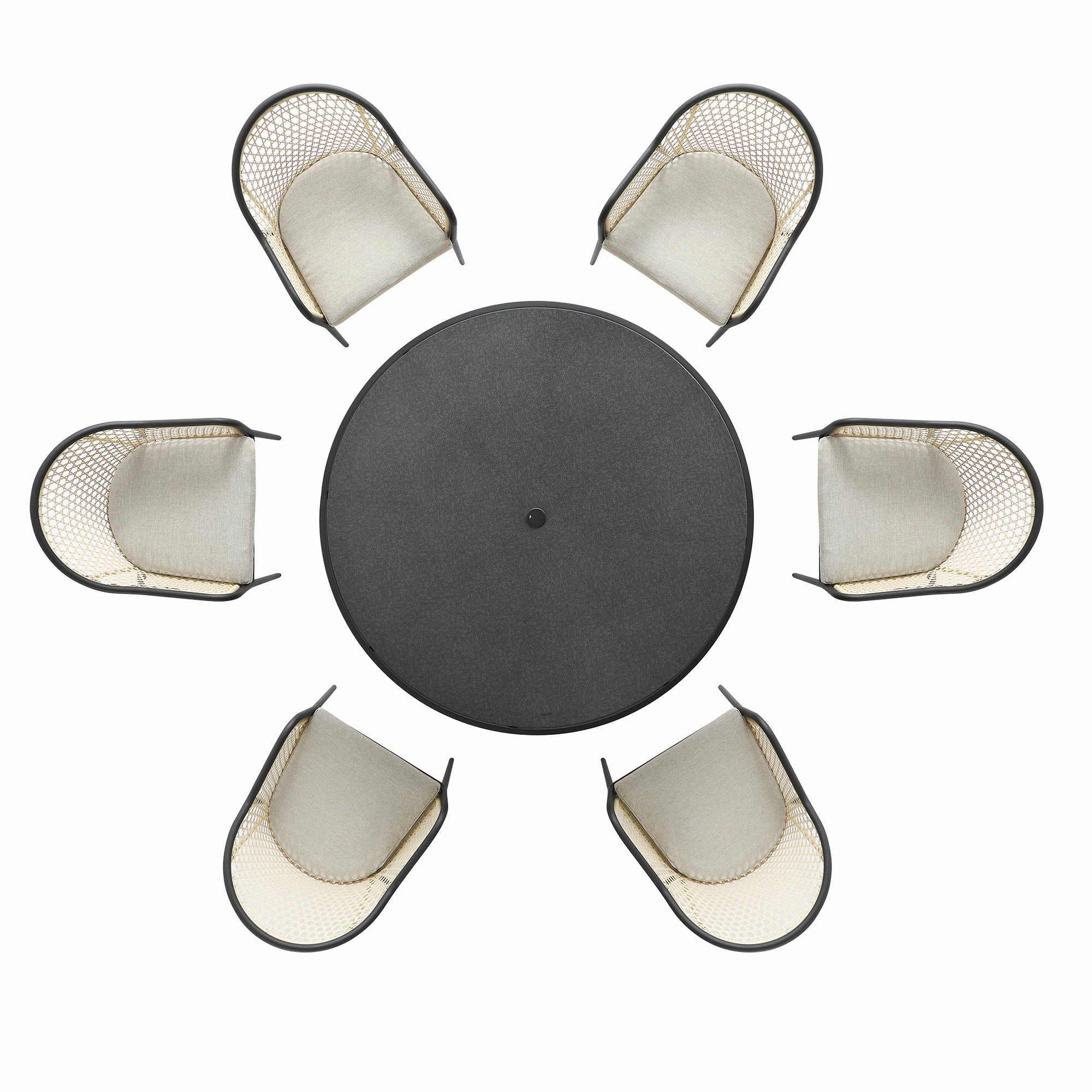 Pienza Outdoor Rattan 6-Seater Round Dining Set, Oatmeal Fabric with Black Frame