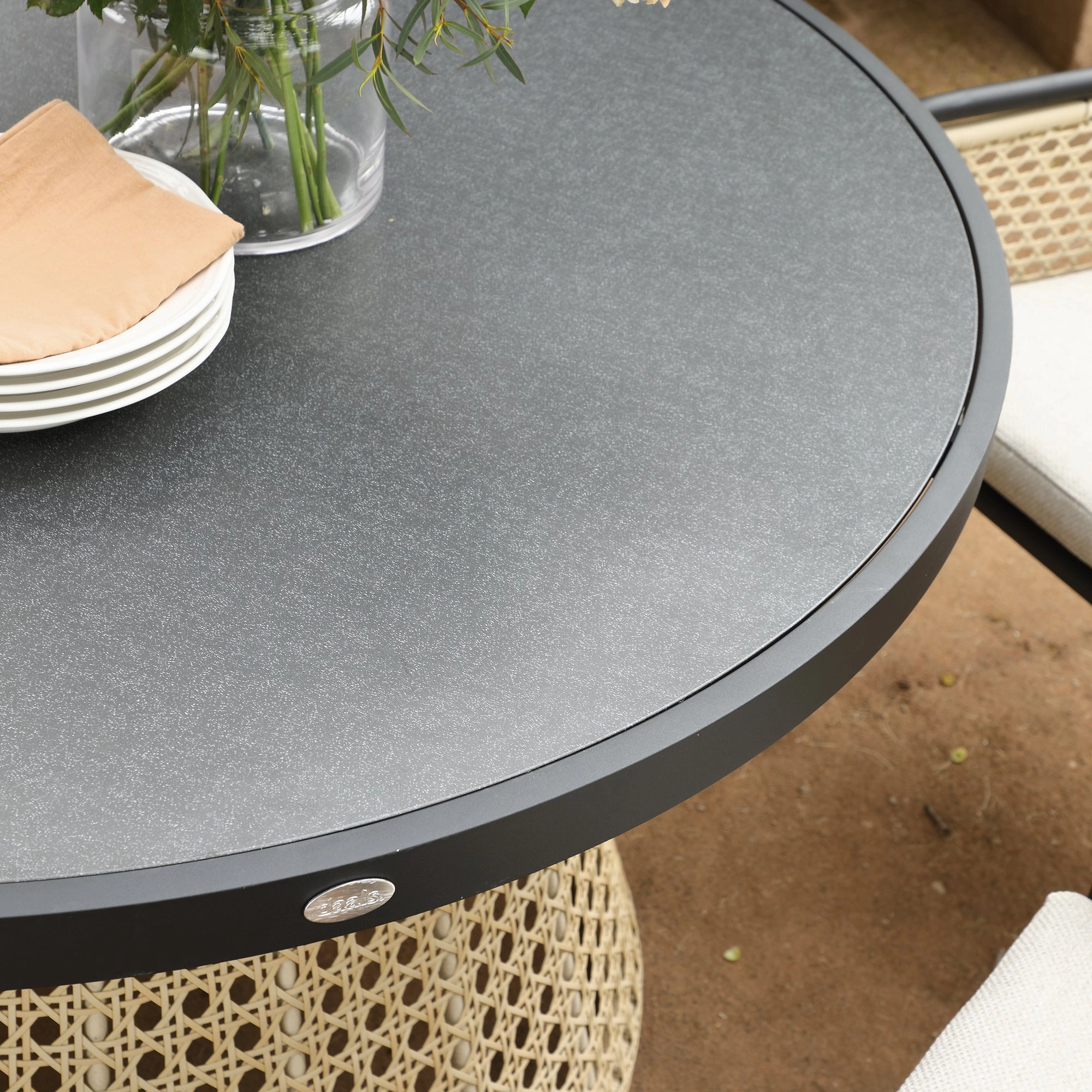 Pienza Outdoor Rattan 6-Seater Round Dining Set, Oatmeal Fabric with Black Frame