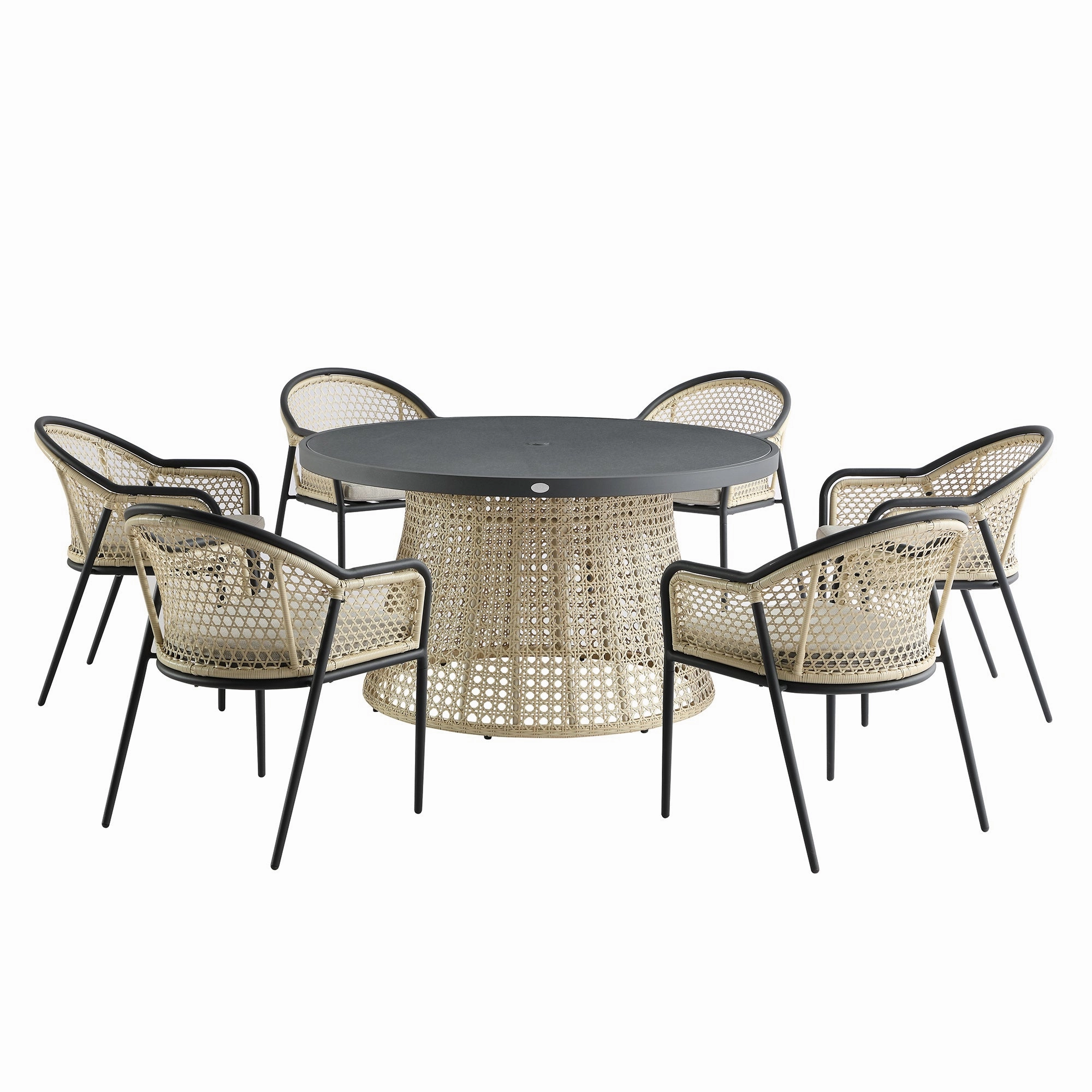 Pienza Outdoor Rattan 6-Seater Round Dining Set, Oatmeal Fabric with Black Frame
