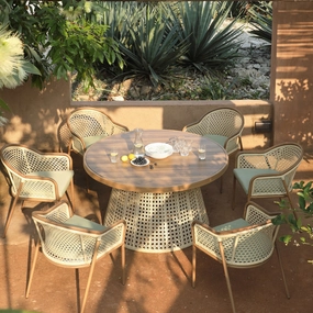 Pienza Outdoor Rattan 6-Seater Round Dining Set, Sage Green Fabric with Light Walnut Frame