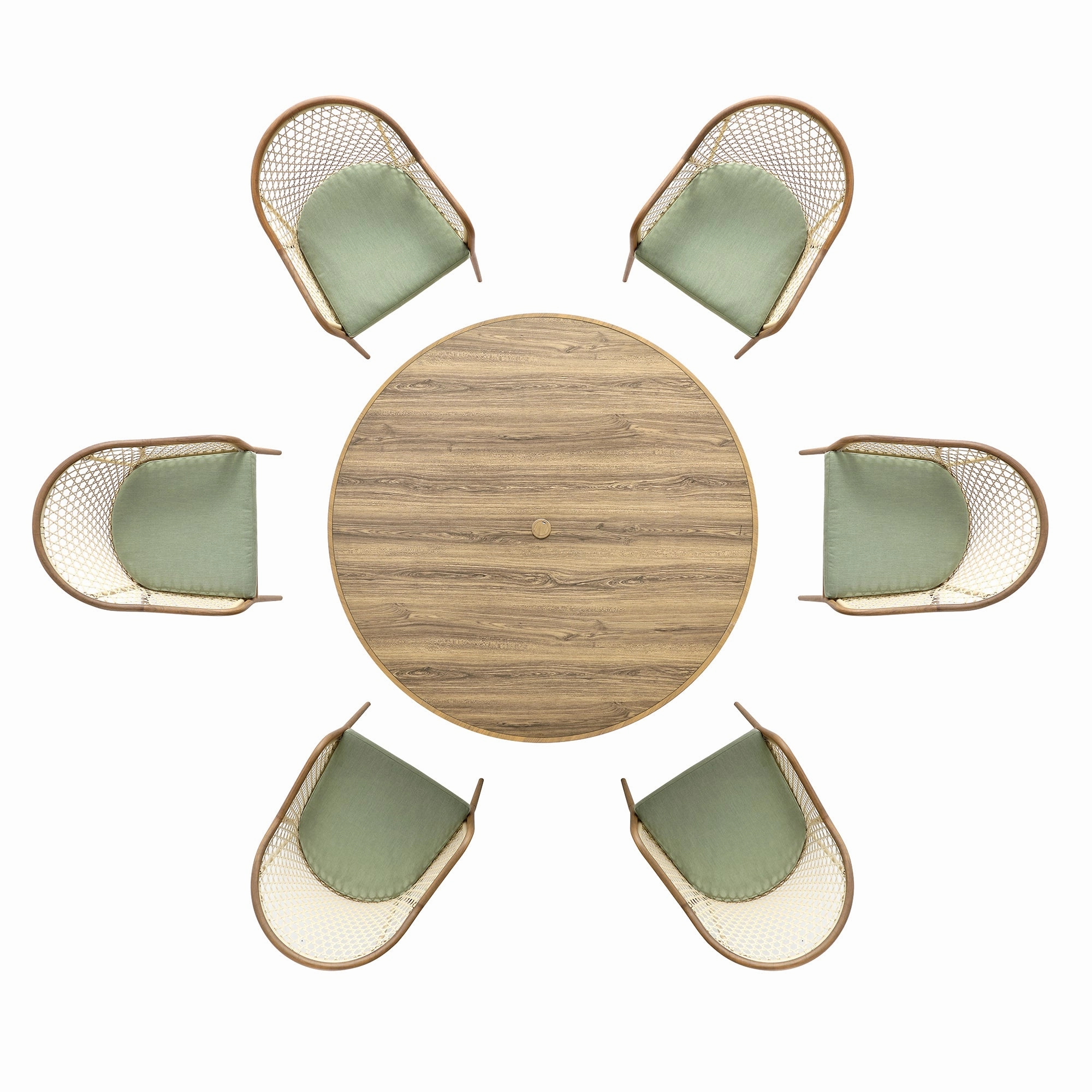 Pienza Outdoor Rattan 6-Seater Round Dining Set, Sage Green Fabric with Light Walnut Frame
