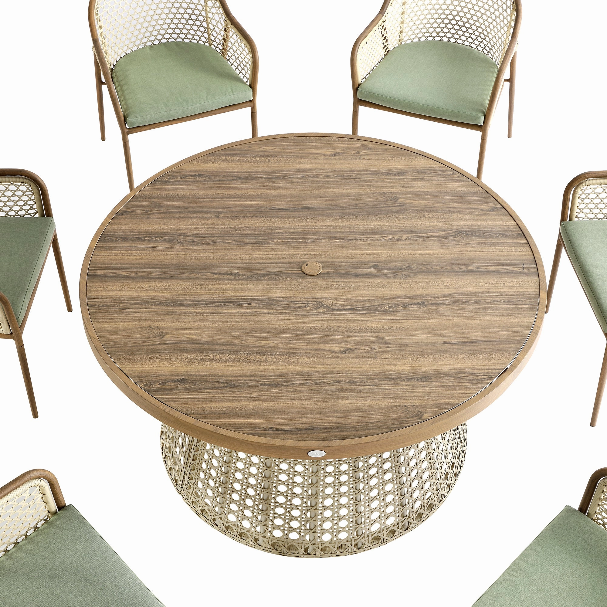 Pienza Outdoor Rattan 6-Seater Round Dining Set, Sage Green Fabric with Light Walnut Frame