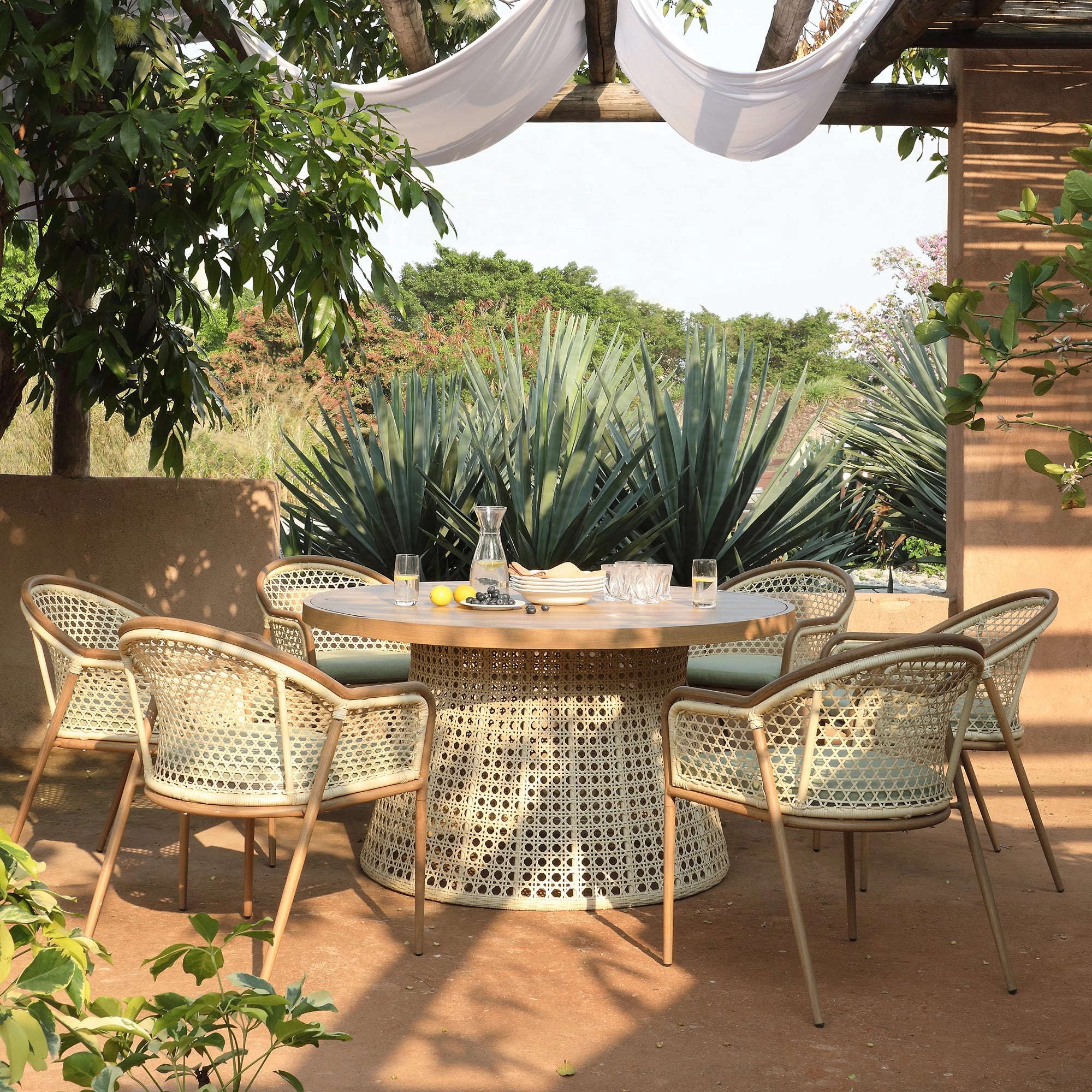 Pienza Outdoor Rattan 6-Seater Round Dining Set, Sage Green Fabric with Light Walnut Frame