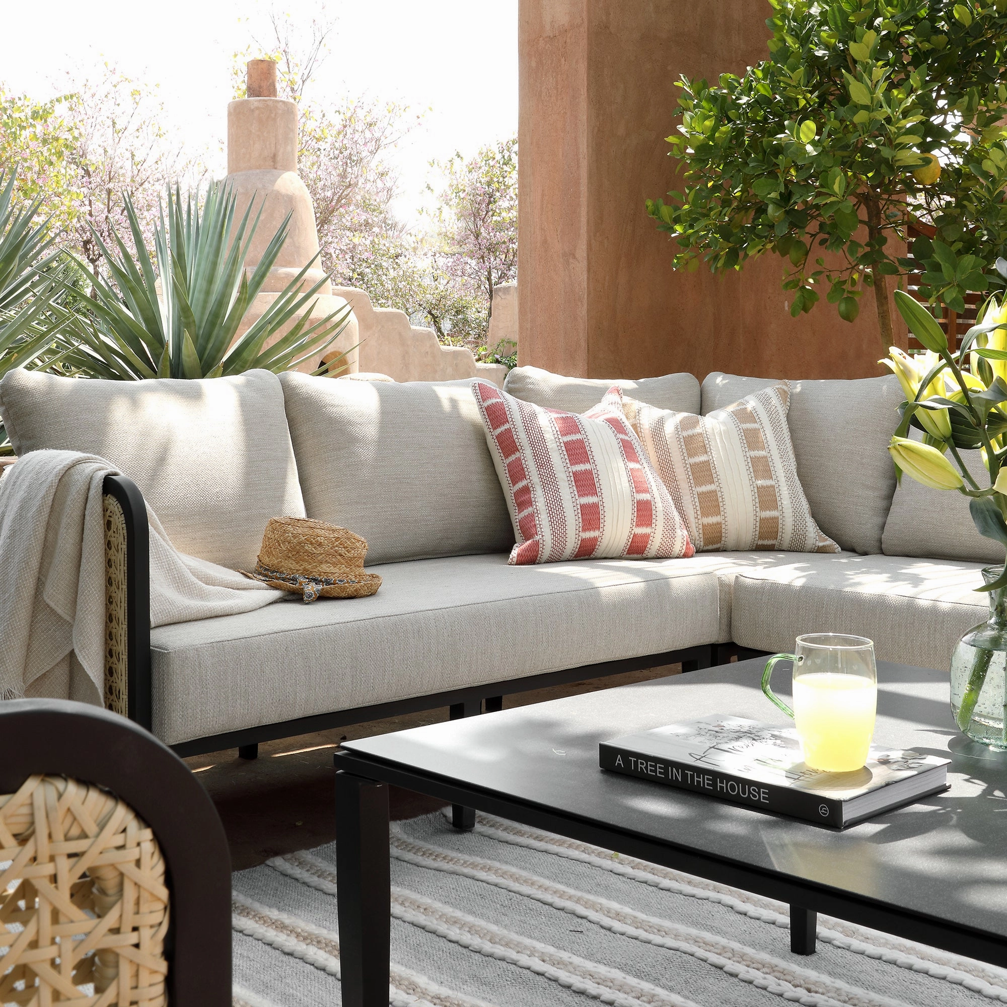Pienza Outdoor Rattan Corner Sofa Set, Oatmeal Fabric with Black Frame