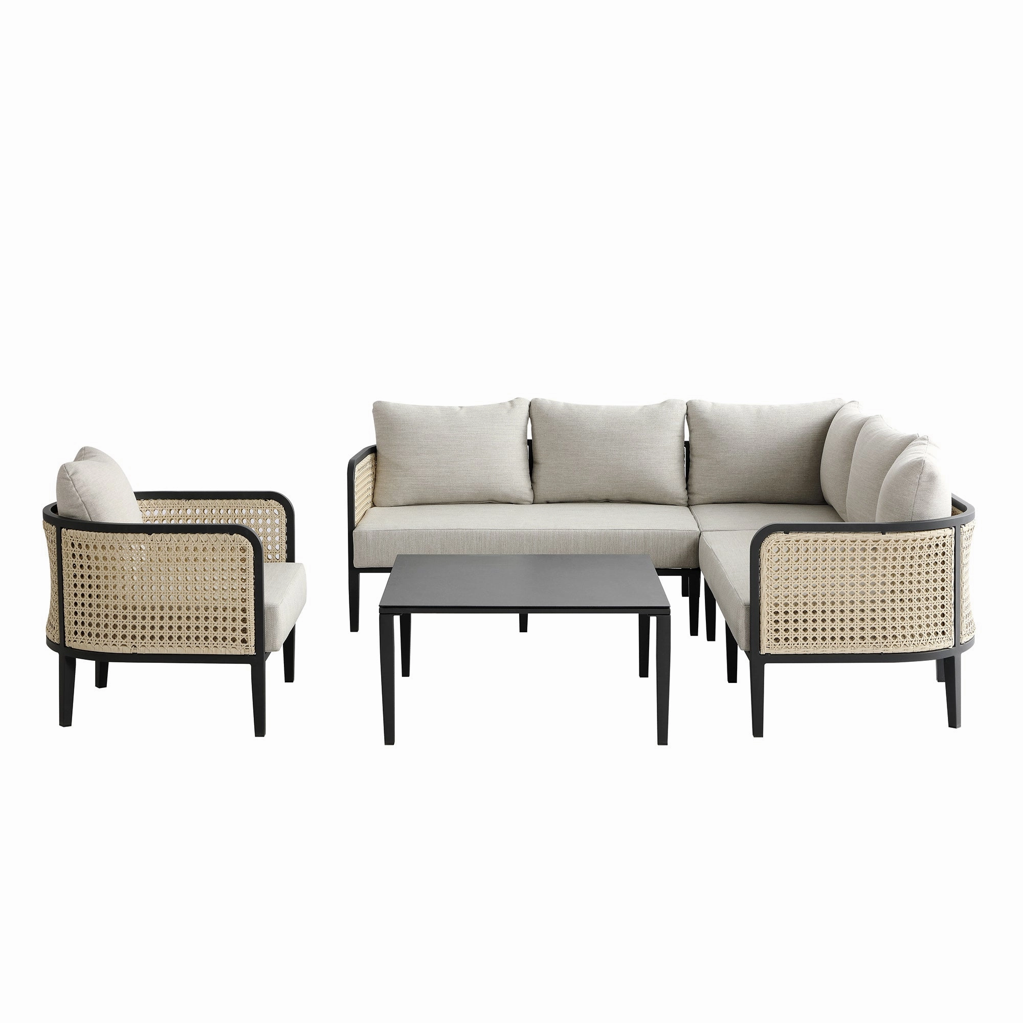 Pienza Outdoor Rattan Corner Sofa Set, Oatmeal Fabric with Black Frame