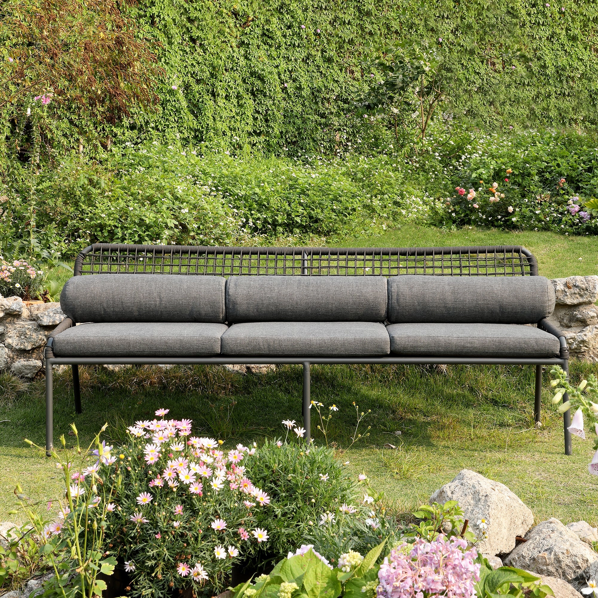 Pomona Rope Weave 5-Seater Sofa Set, Dark Grey Fabric with Black Frame