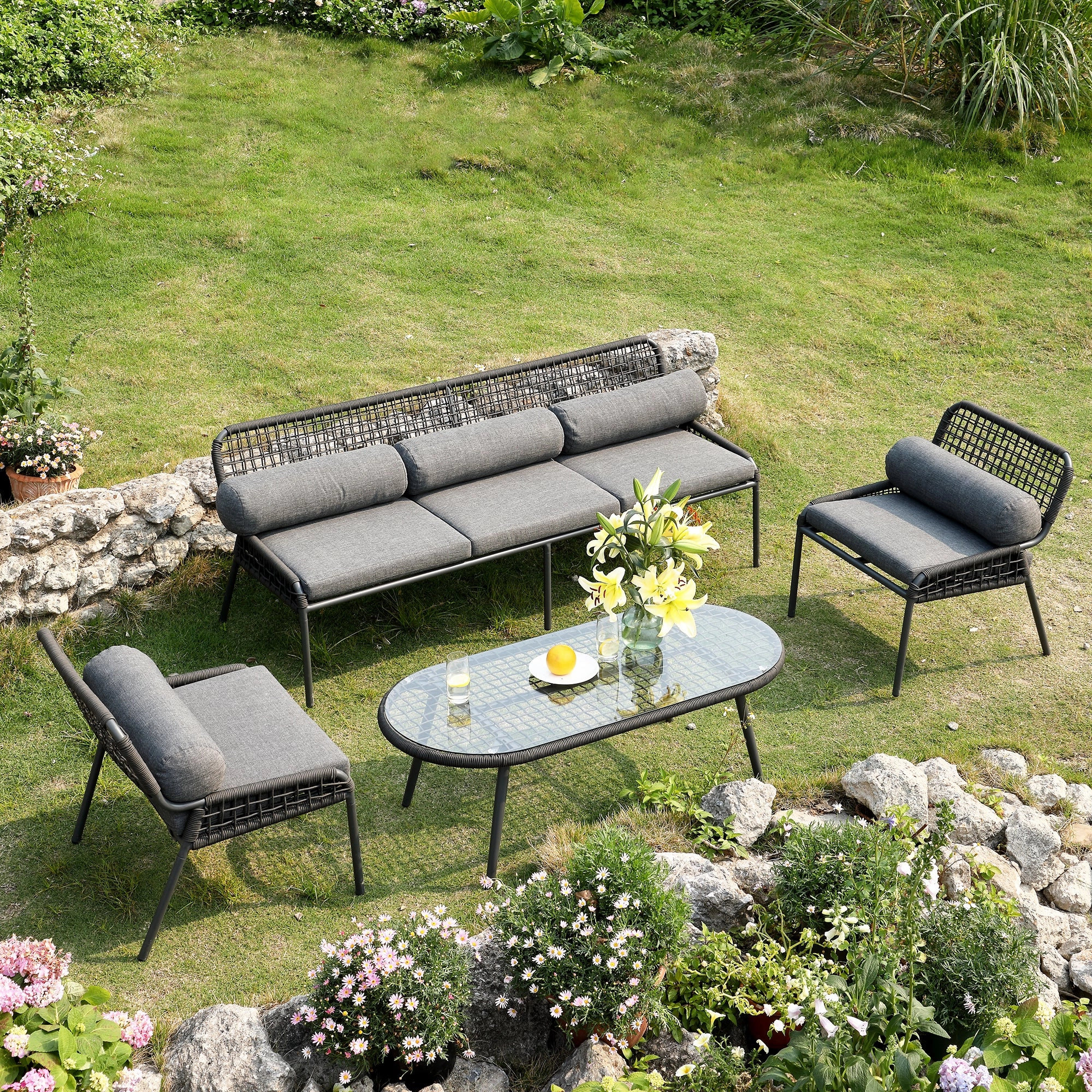 Pomona Rope Weave 5-Seater Sofa Set, Dark Grey Fabric with Black Frame