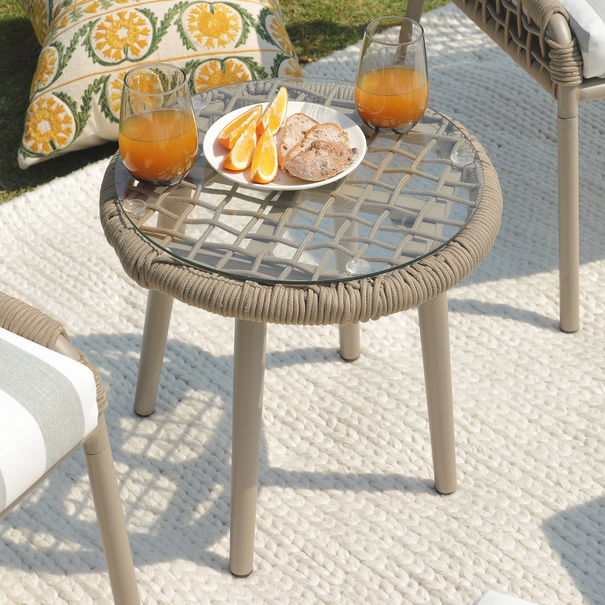 Pomona Rope Weave Bistro Set, Sage Striped Fabric with Taupe Frame