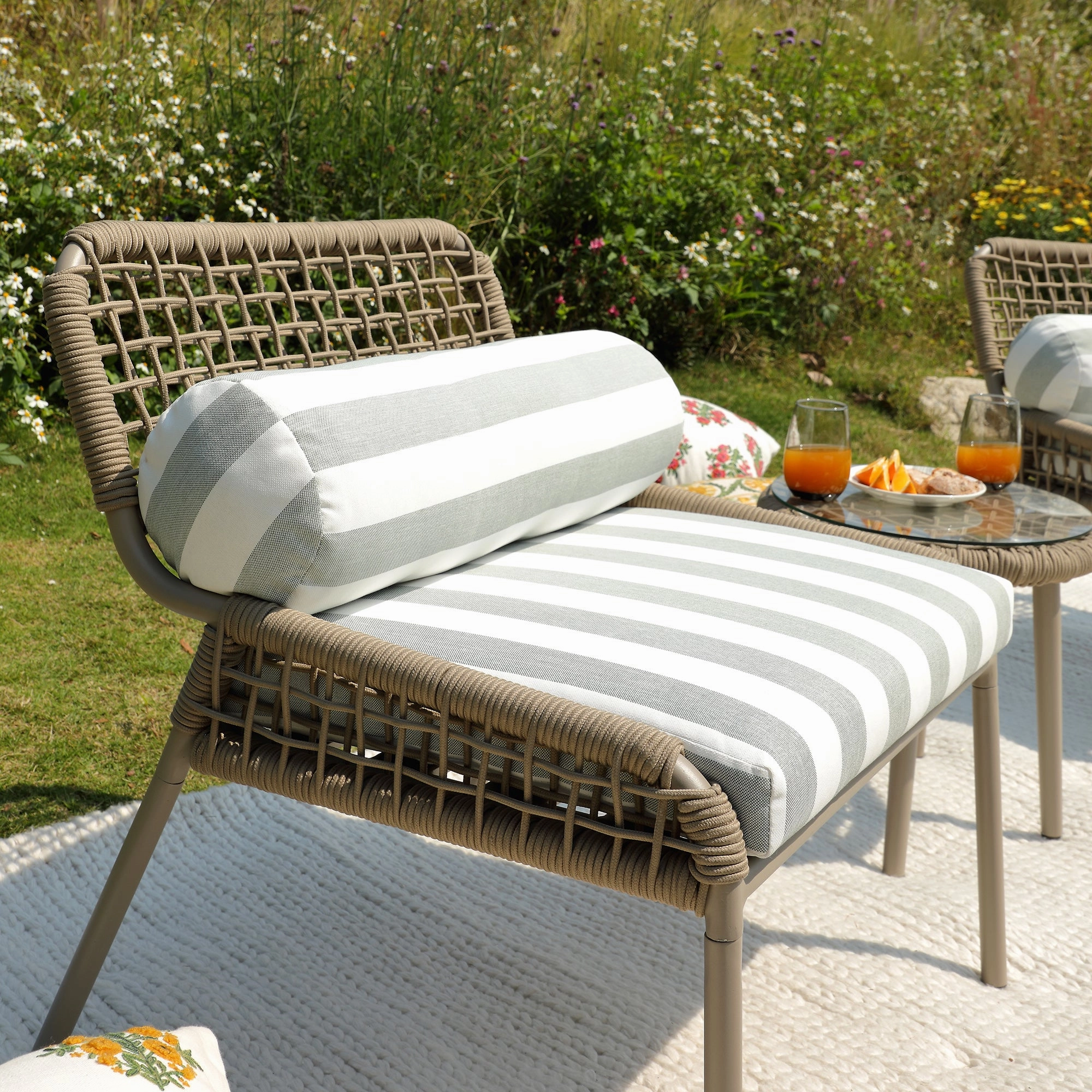 Pomona Rope Weave Bistro Set, Sage Striped Fabric with Taupe Frame