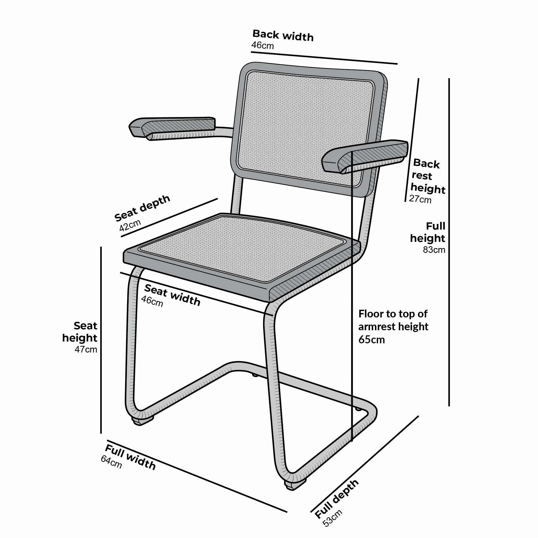 Rayna Pair of 2 Solid Beech Dining Chairs with Armrests, Natural Cane & Chrome (Black)