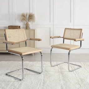 Rayna Pair of 2 Solid Beech Dining Chairs with Armrests, Natural Cane & Chrome (Natural)