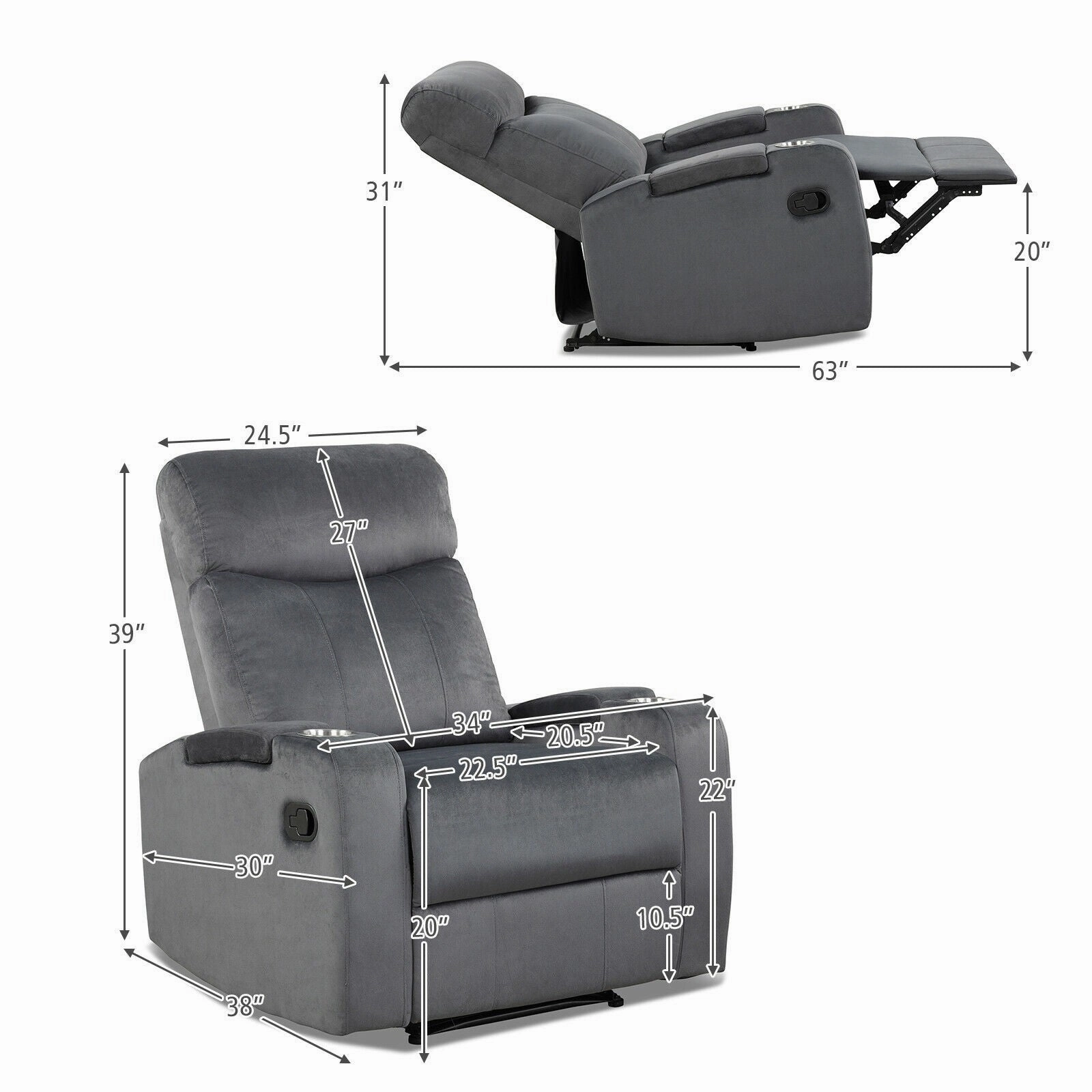 Recliner Chair with Cup Holders, Fabric Reclining Chair Manual Recliner Chair