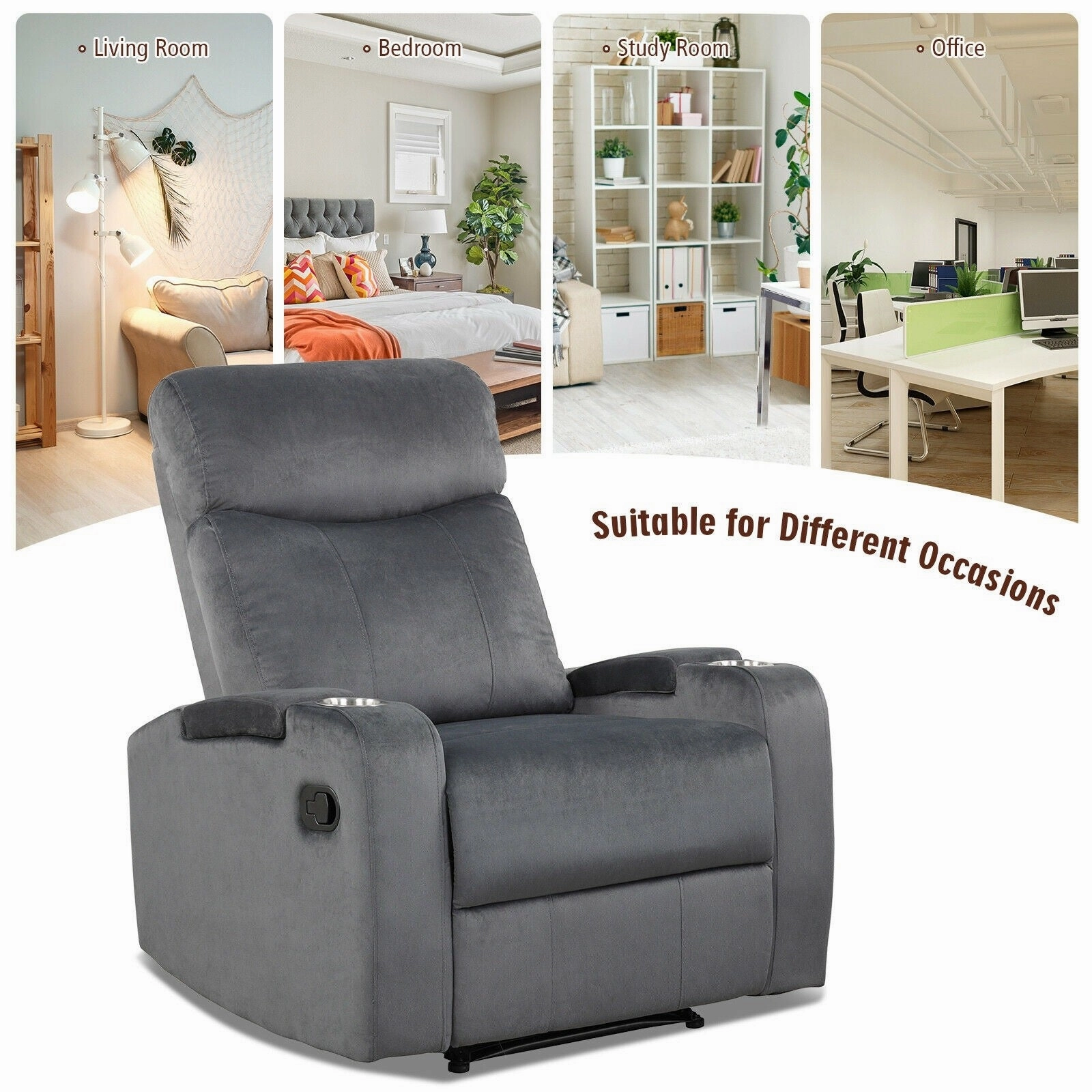 Recliner Chair with Cup Holders, Fabric Reclining Chair Manual Recliner Chair