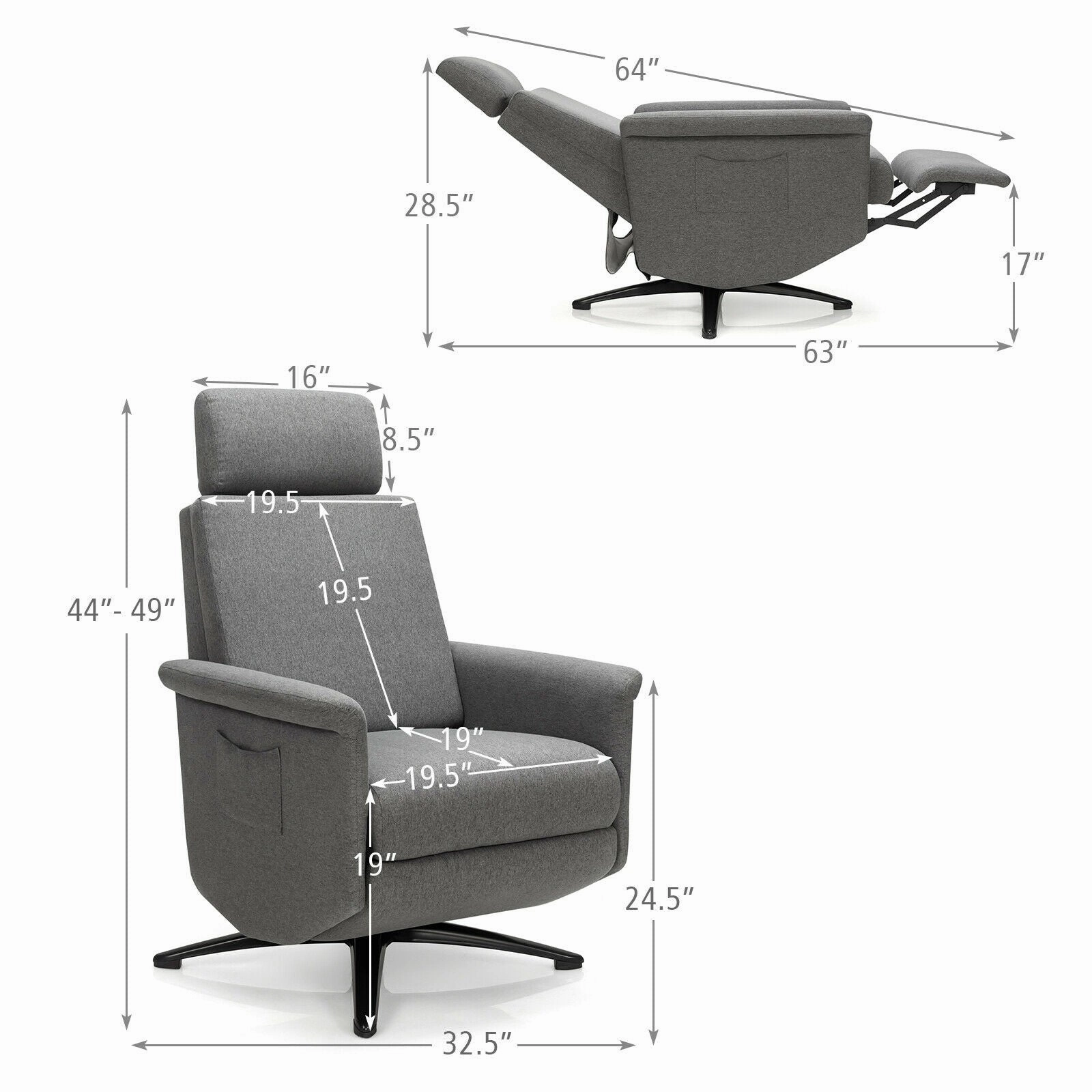 Recliner Chair with Vibration Massage, 360 Degree Swivel Reclining Sofa Chair, Adjustable Headrest & Footrest