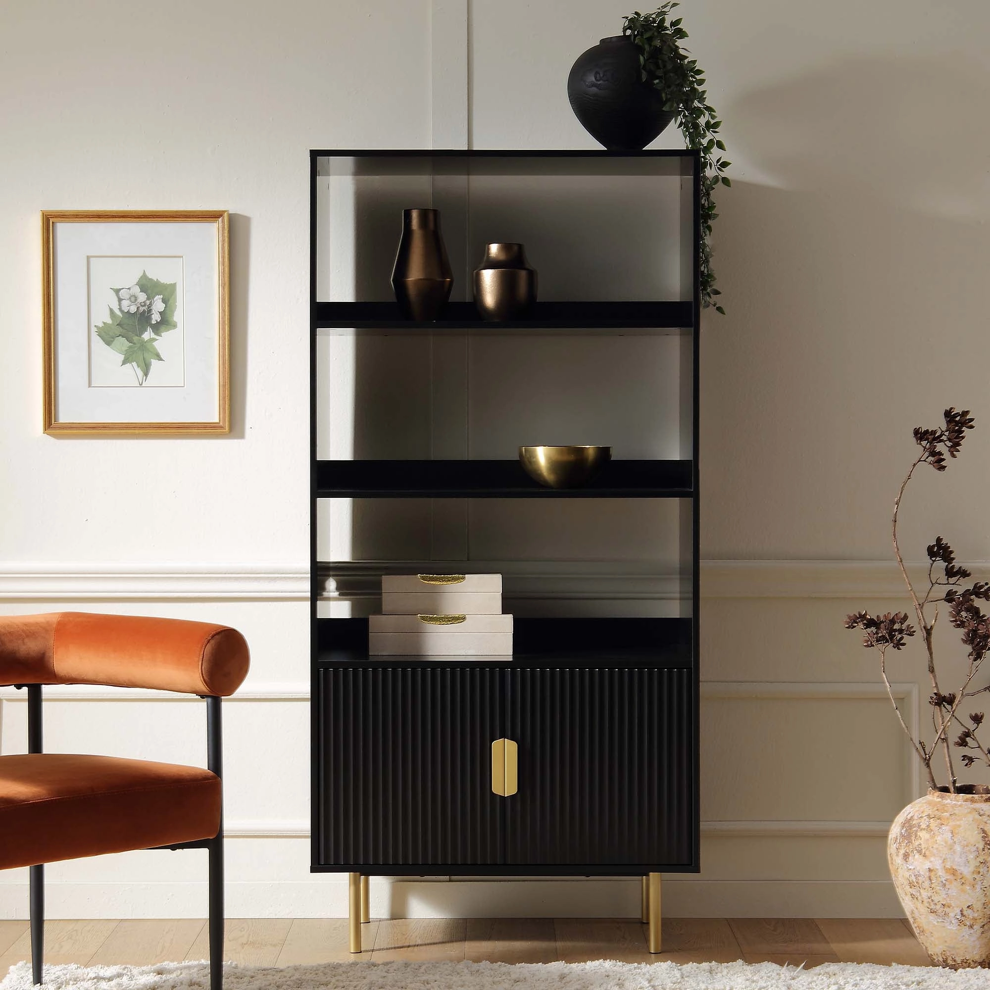 Richmond Ridged Tall Bookcase with Doors, Matte Black