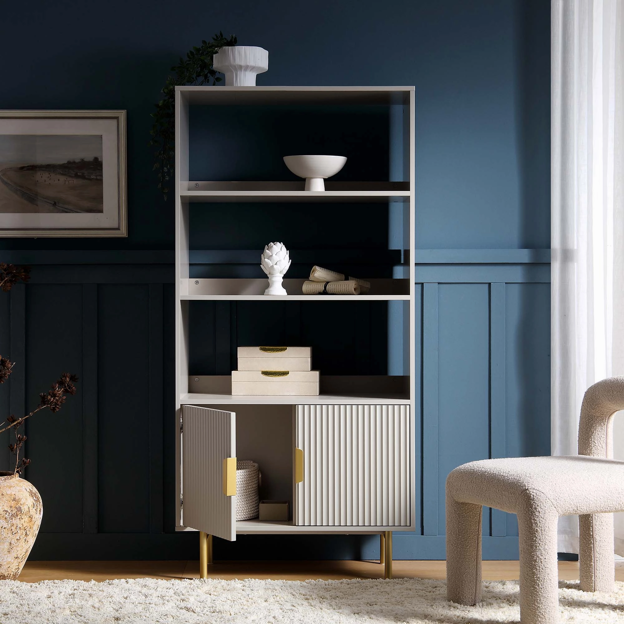 Richmond Ridged Tall Bookcase with Doors, Matte Taupe