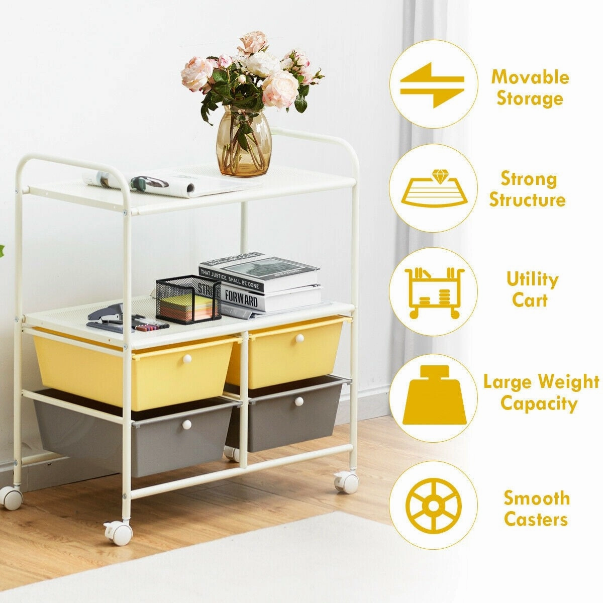 Rolling Storage Cart w/ 4 Drawers 2 Shelves Metal Rack Shelf