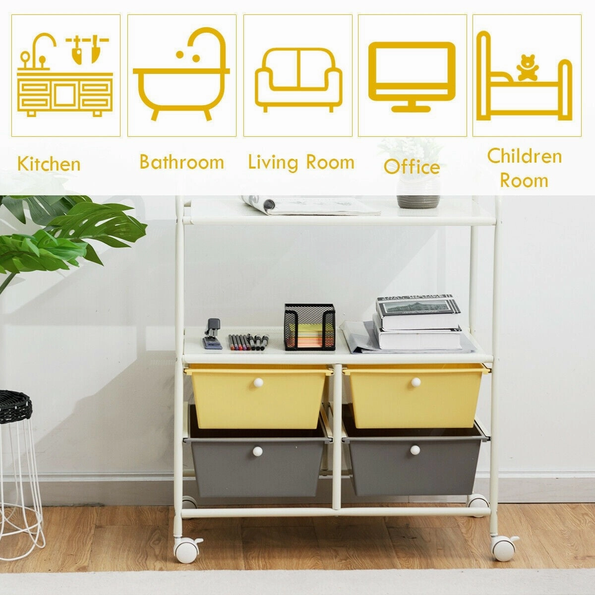 Rolling Storage Cart w/ 4 Drawers 2 Shelves Metal Rack Shelf