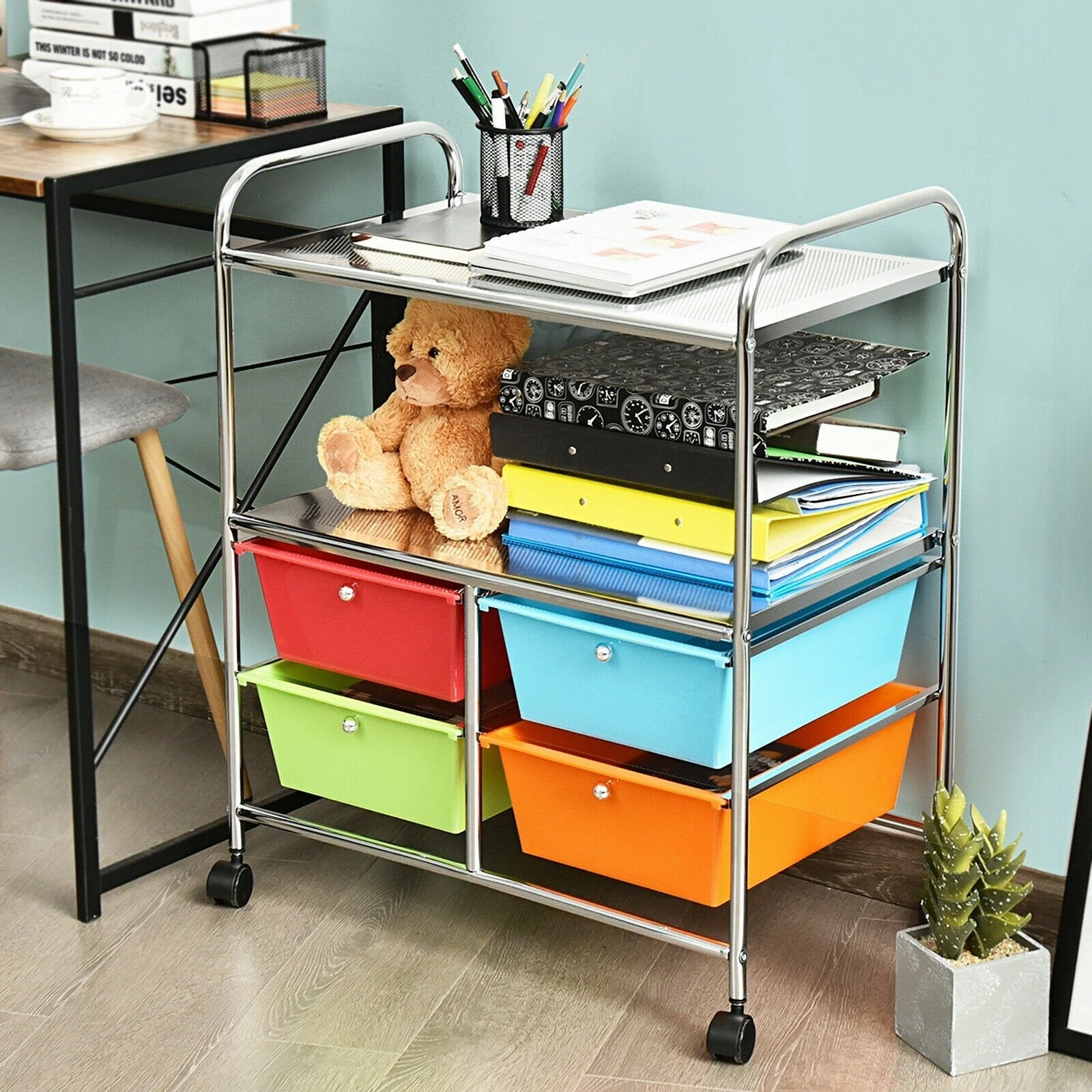 Rolling Storage Cart w/ 4 Drawers 2 Shelves Metal Rack Shelf